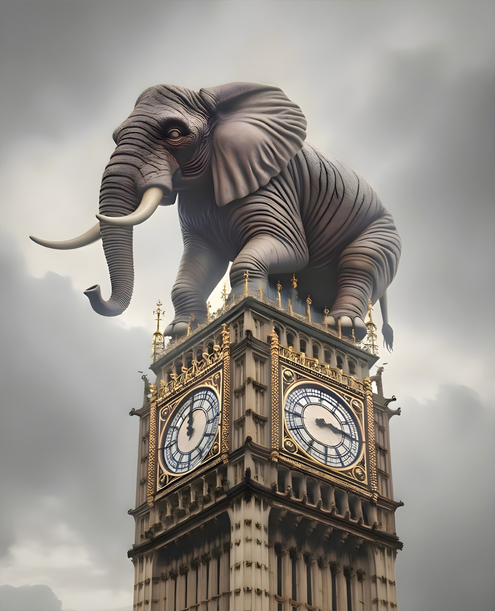 Surreal image: Elephant on Big Ben tower under cloudy sky