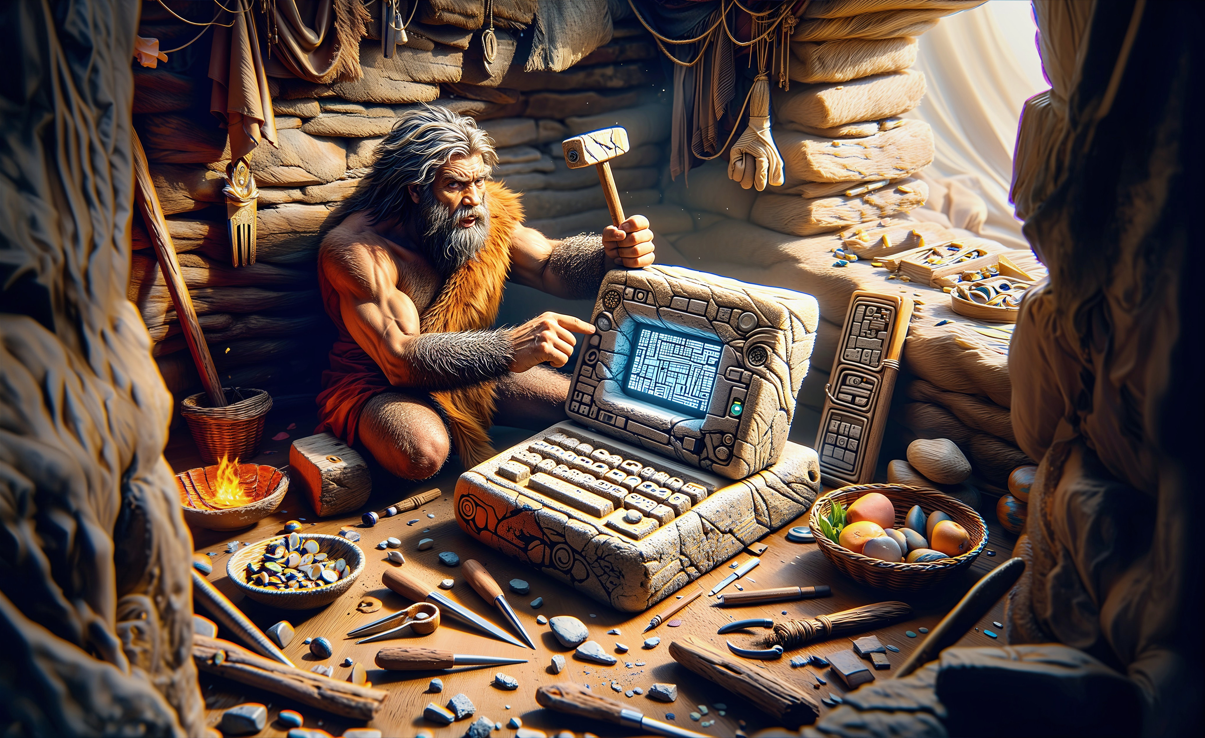 Caveman Using Primitive Rock Computer in Stone Cave