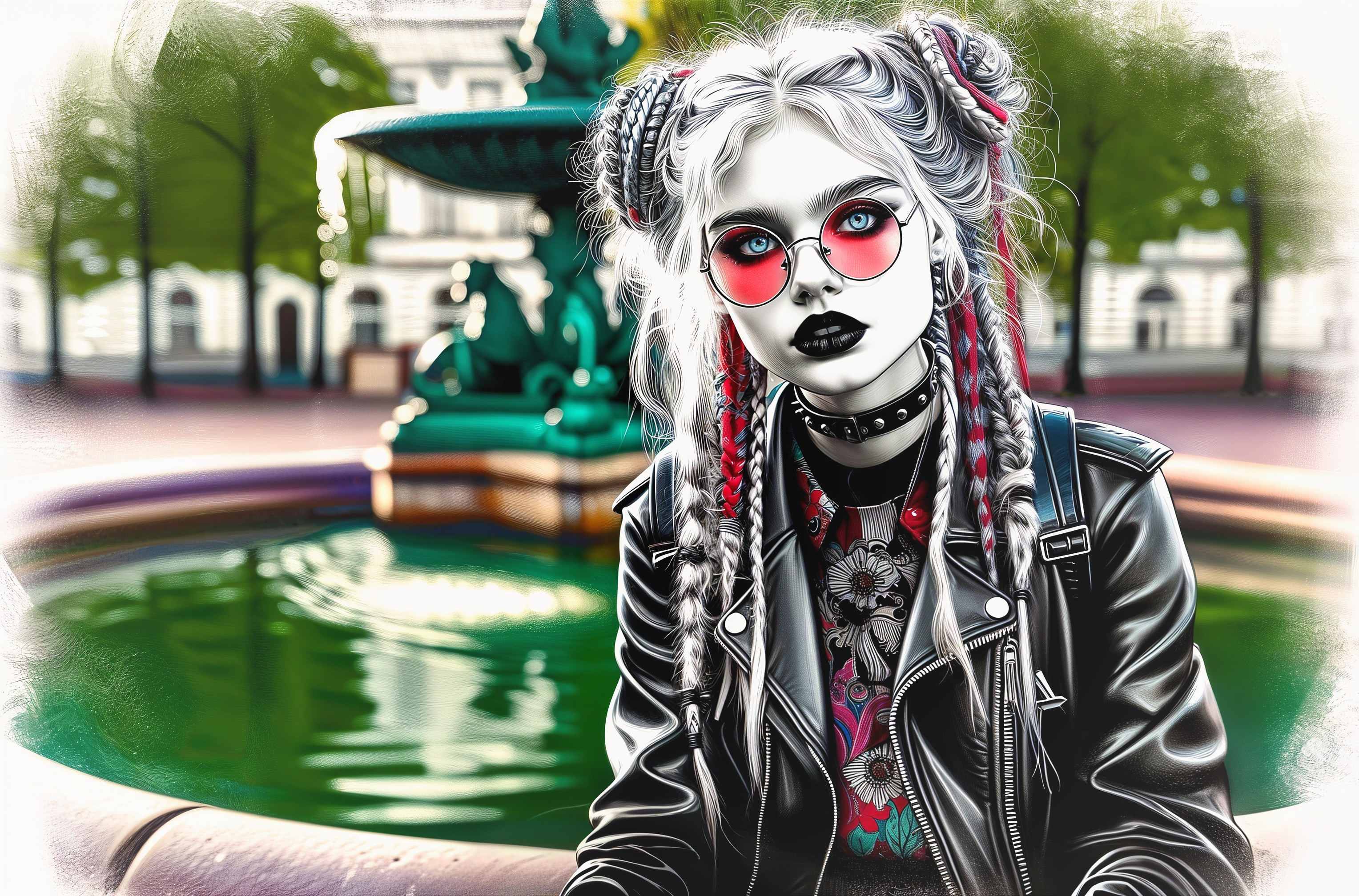 Stylish Young Woman with Gray Hair by Fountain