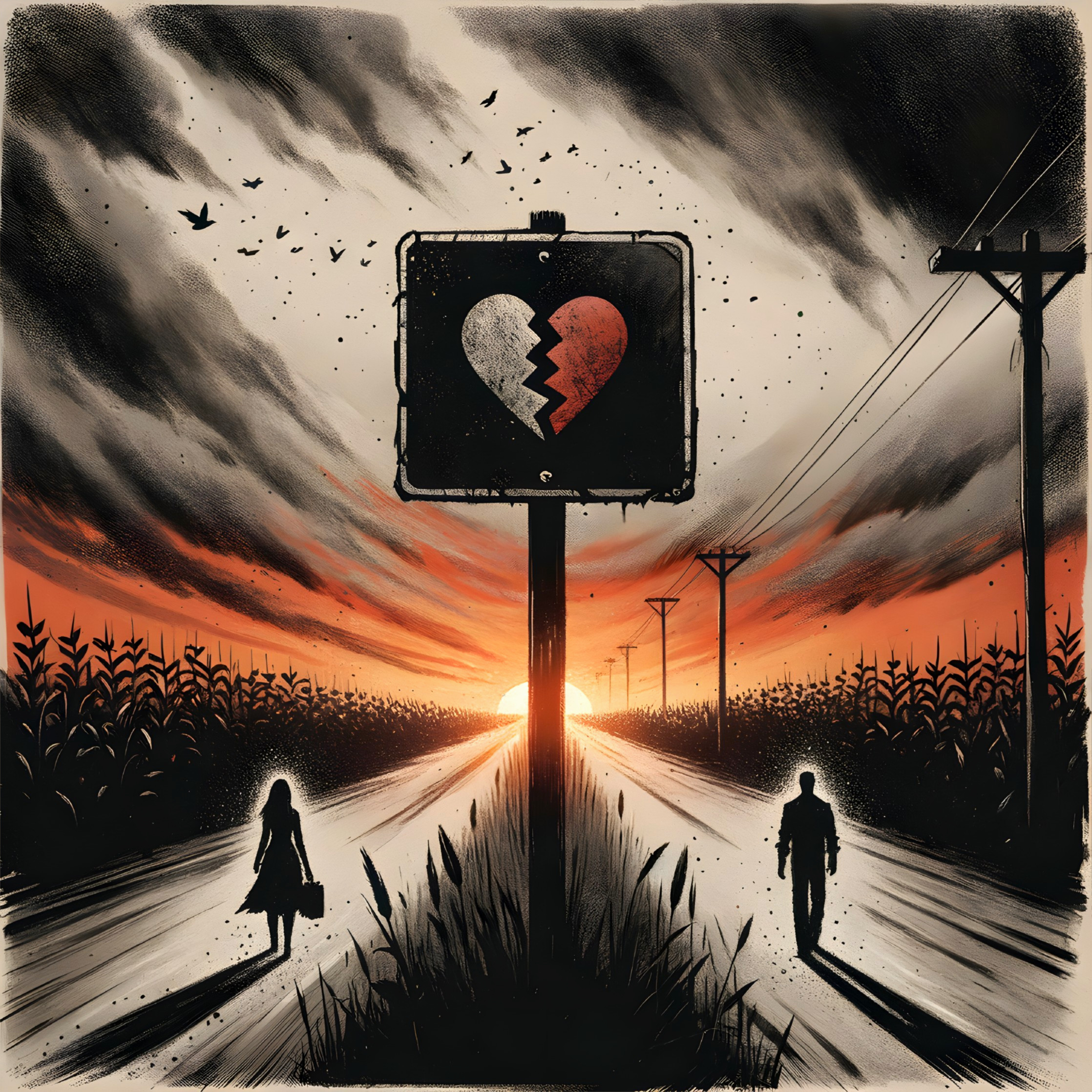 Desolate Road at Sunset with Heartbroken Sign