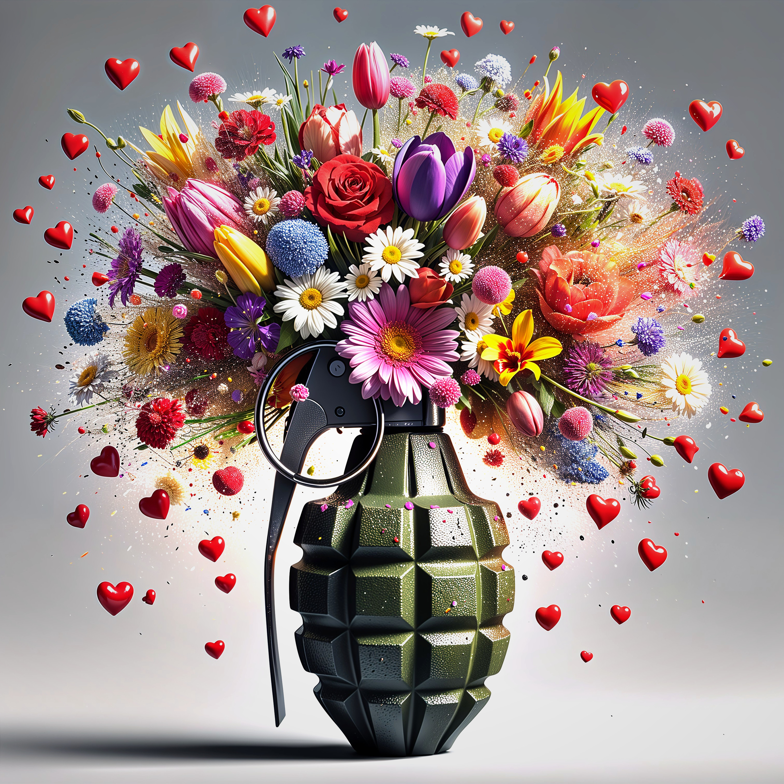 Hand Grenade with Vibrant Flower Bouquet and Hearts