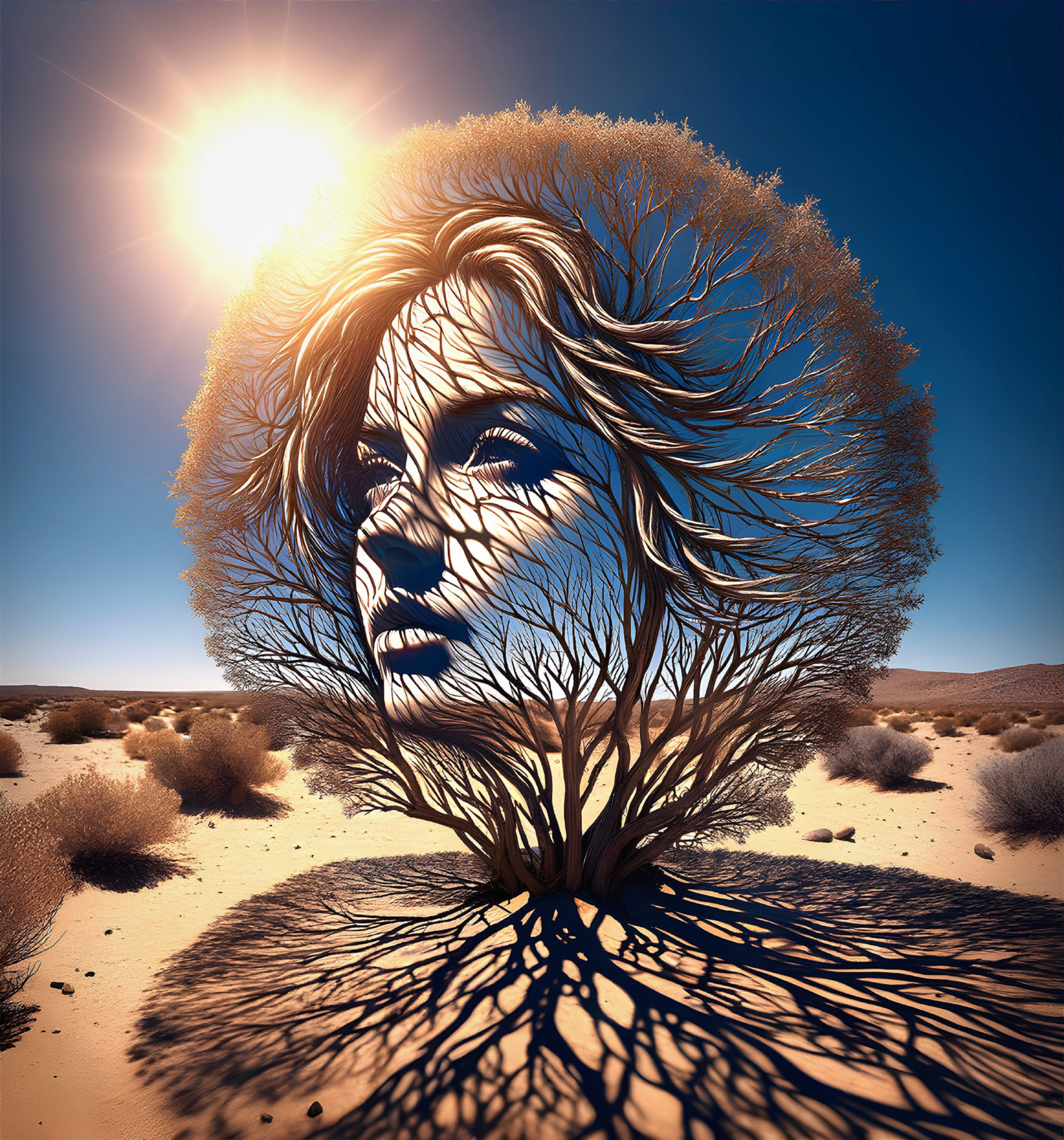 Sculpture of a woman's face integrated into a tree