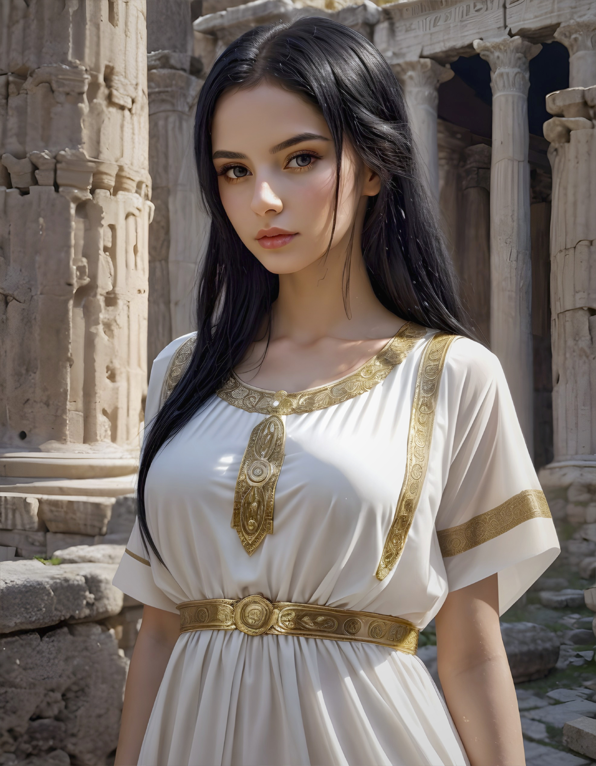 Woman in white & gold Greco-Roman dress by ancient columns