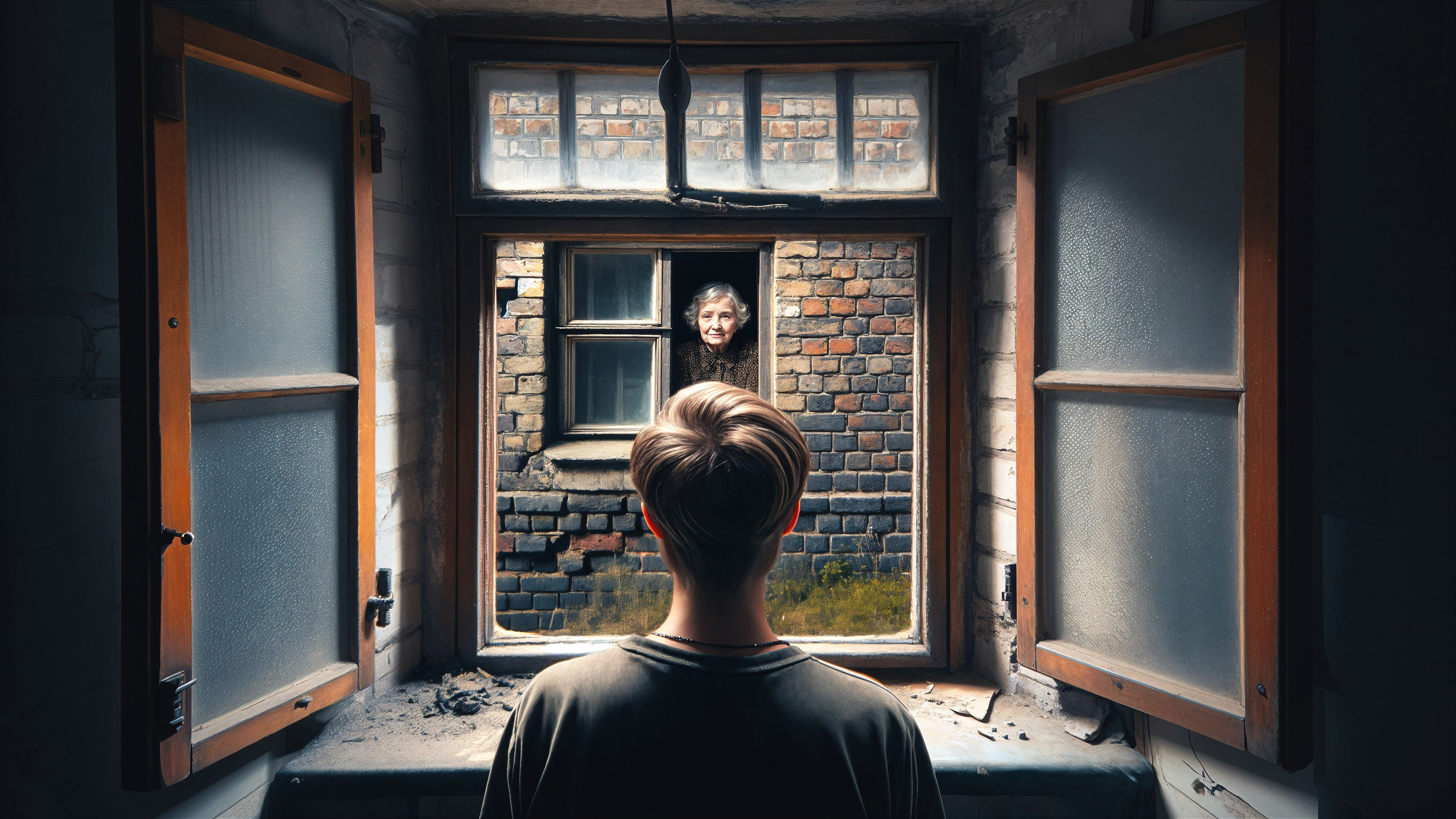 Young person gazes from abandoned room at elderly figure