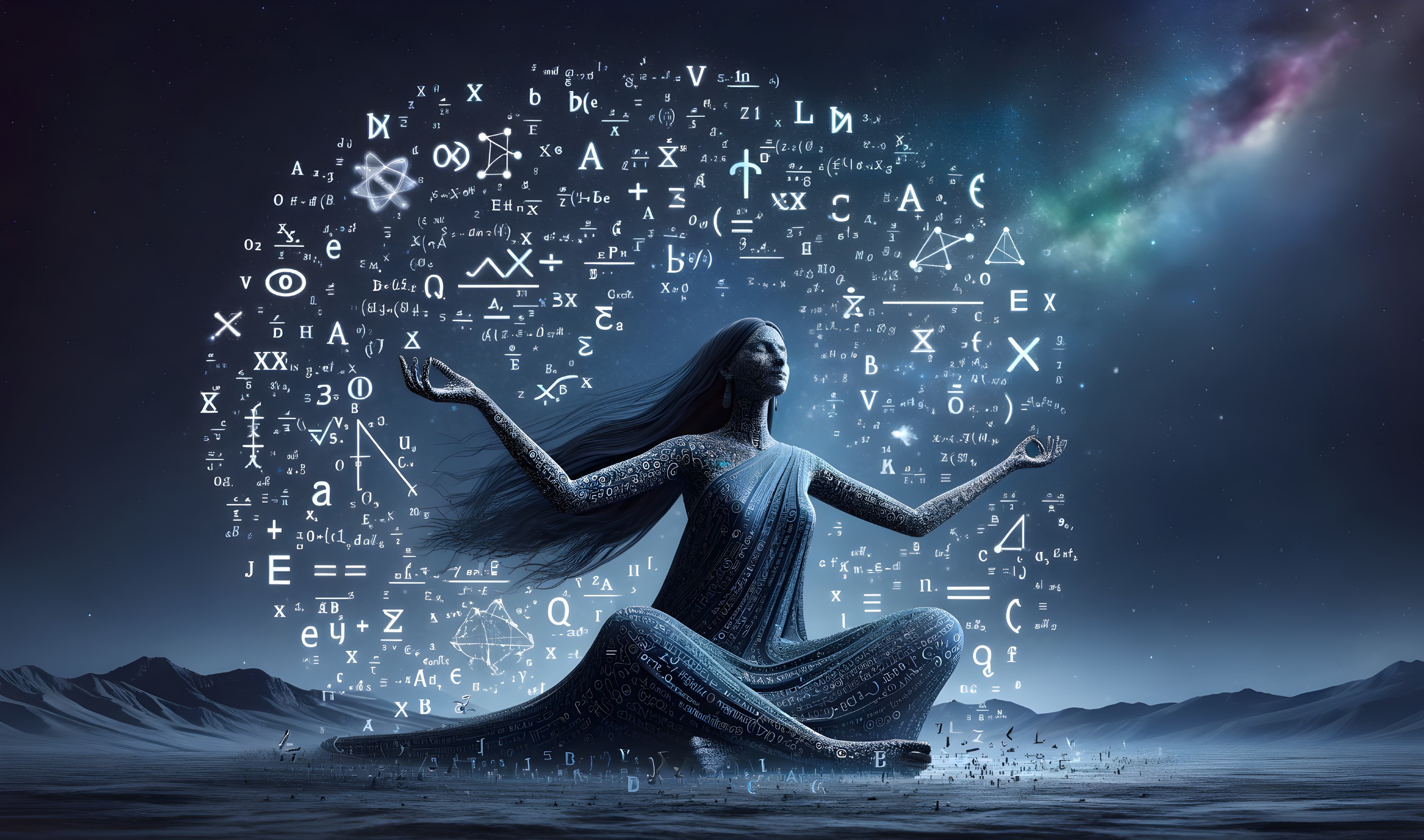 Woman in meditative pose surrounded by mathematical symbols under starry sky.