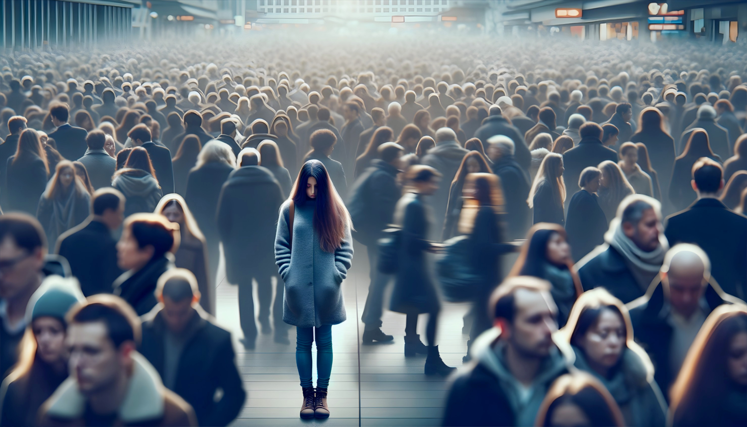 Young Woman in Gray Coat Amidst Blurred Crowded Scene