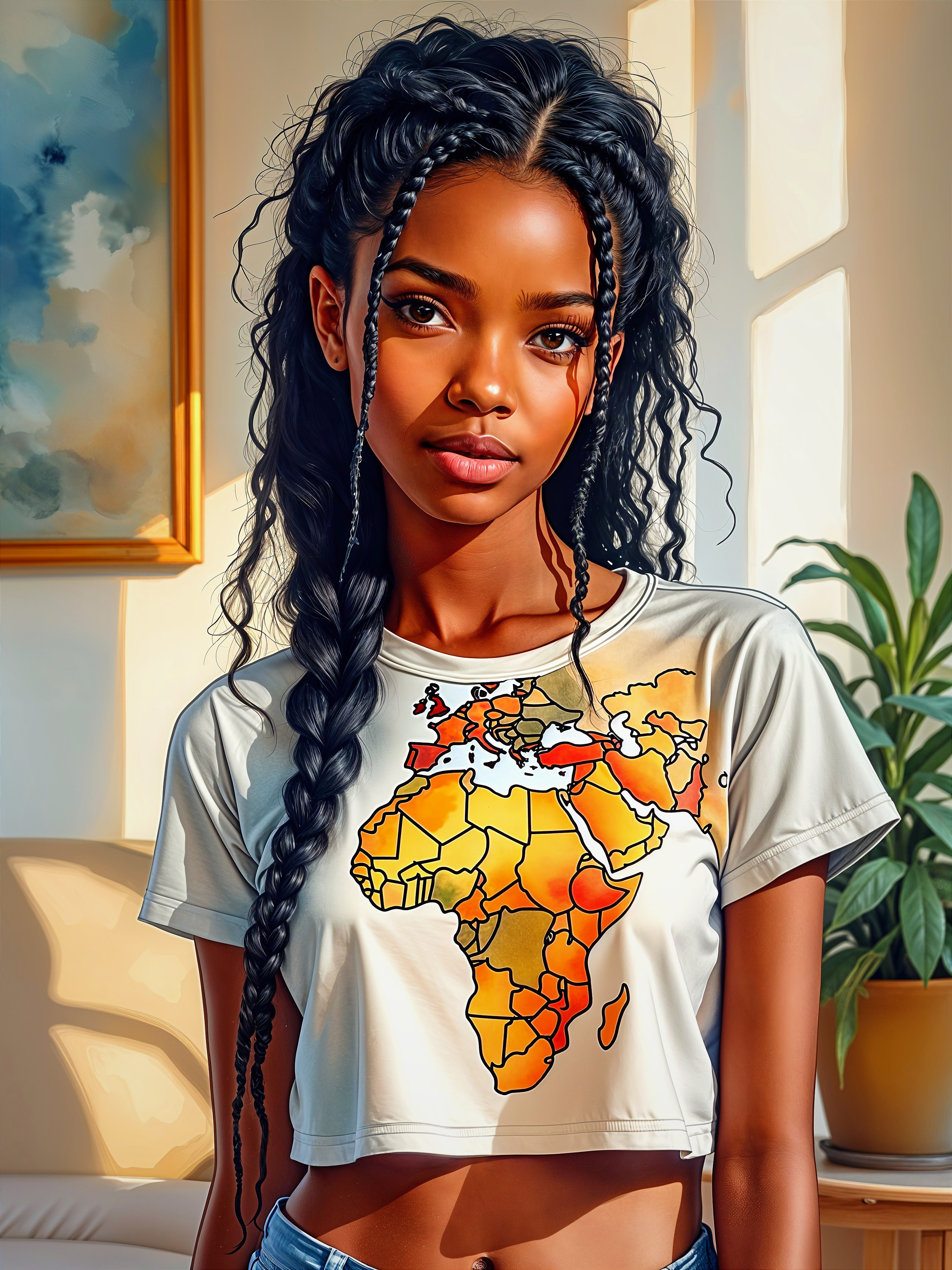 Young woman in sunlit room with colorful map shirt