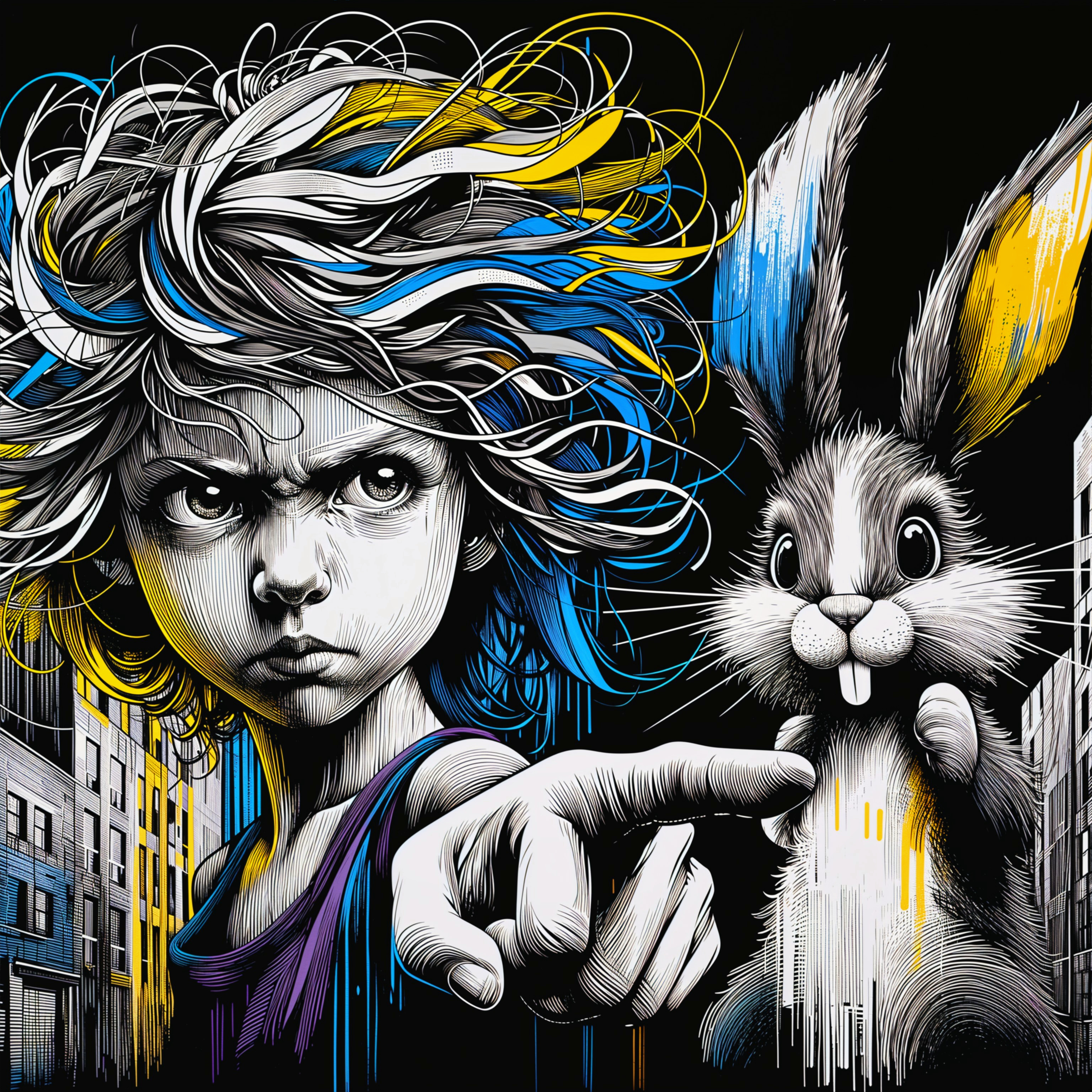Child with Wild Hair and Playful Rabbit Illustration