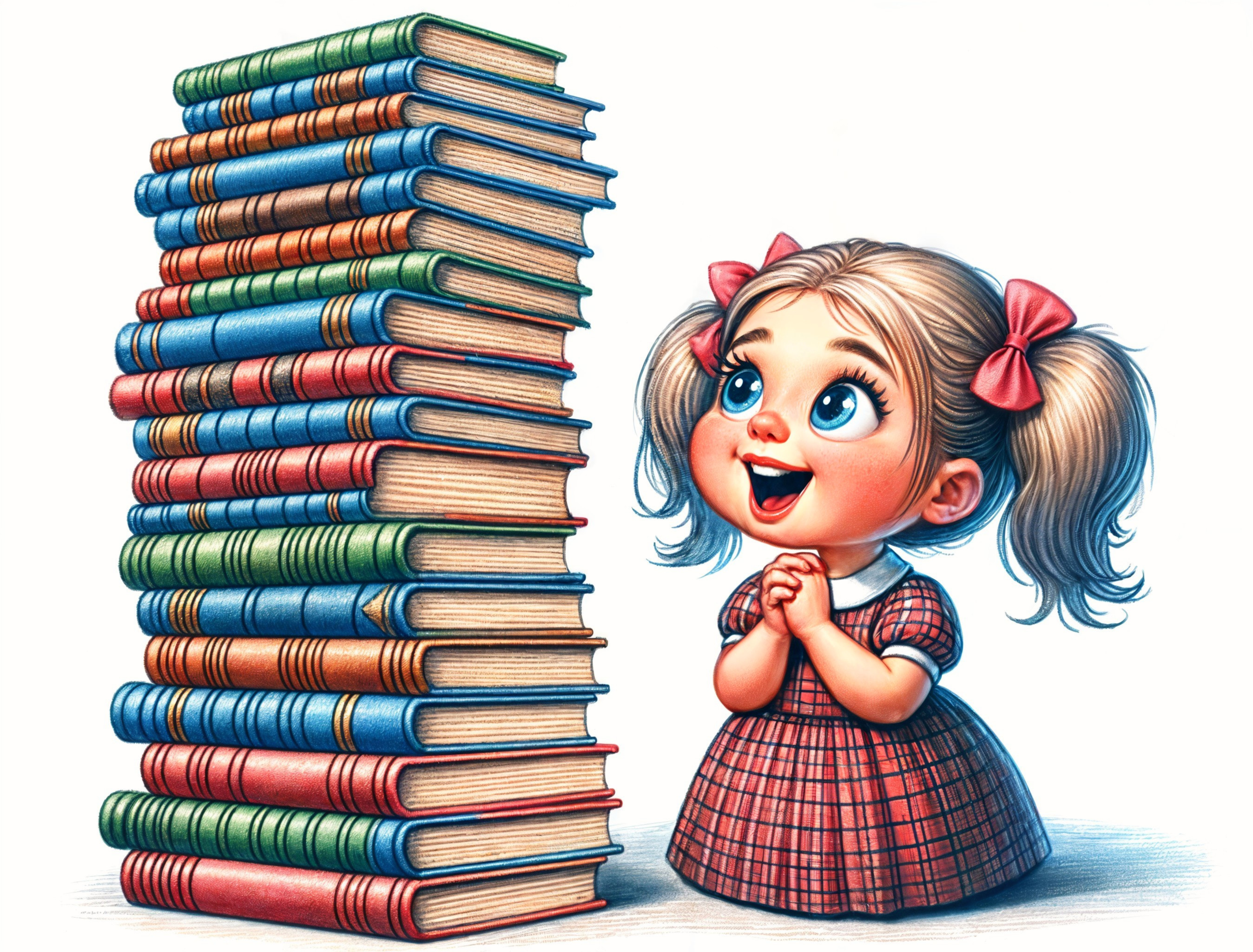 Young girl in checkered dress admires colorful books
