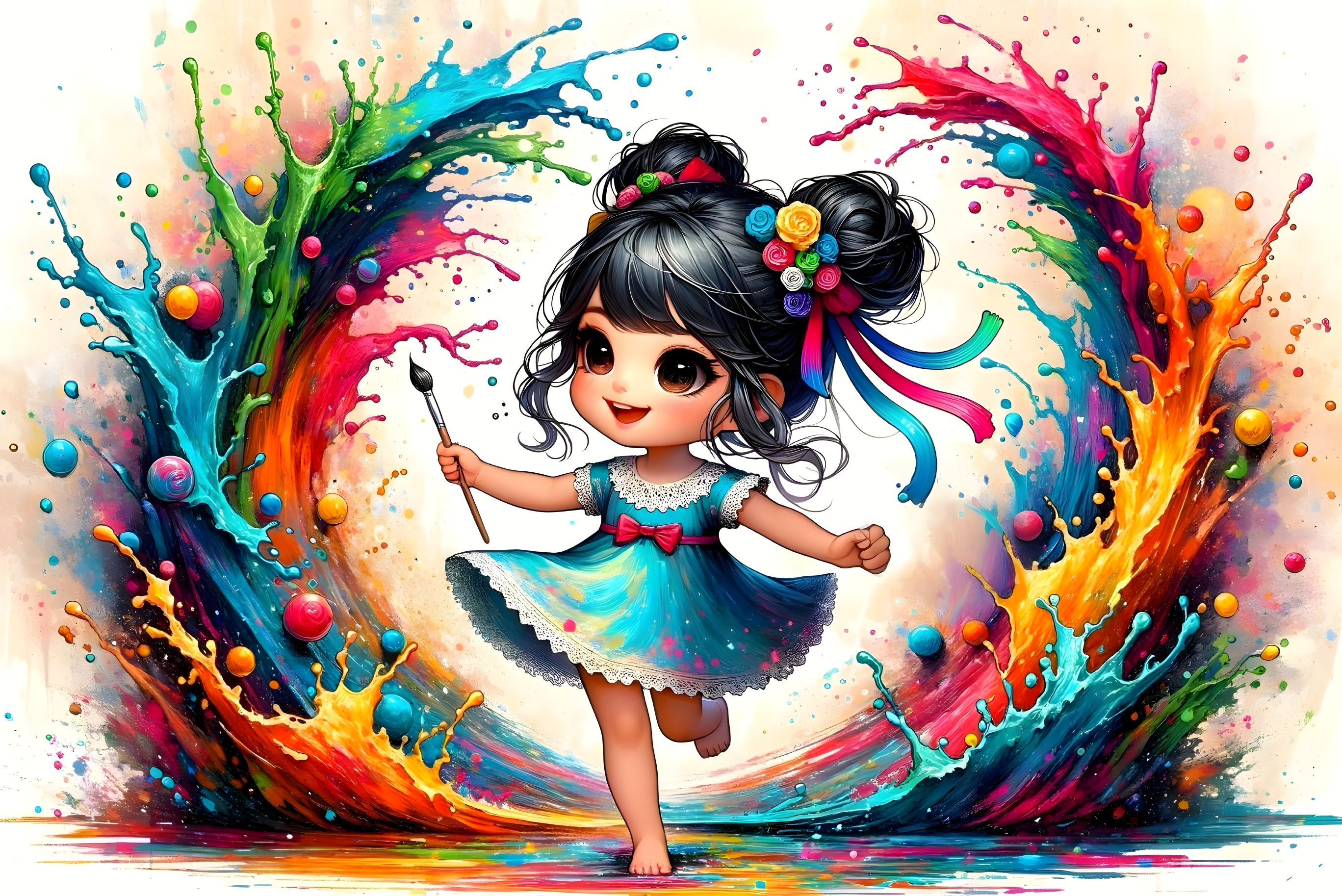 Colorful animated girl with magical wand in front of vibrant wing-like background