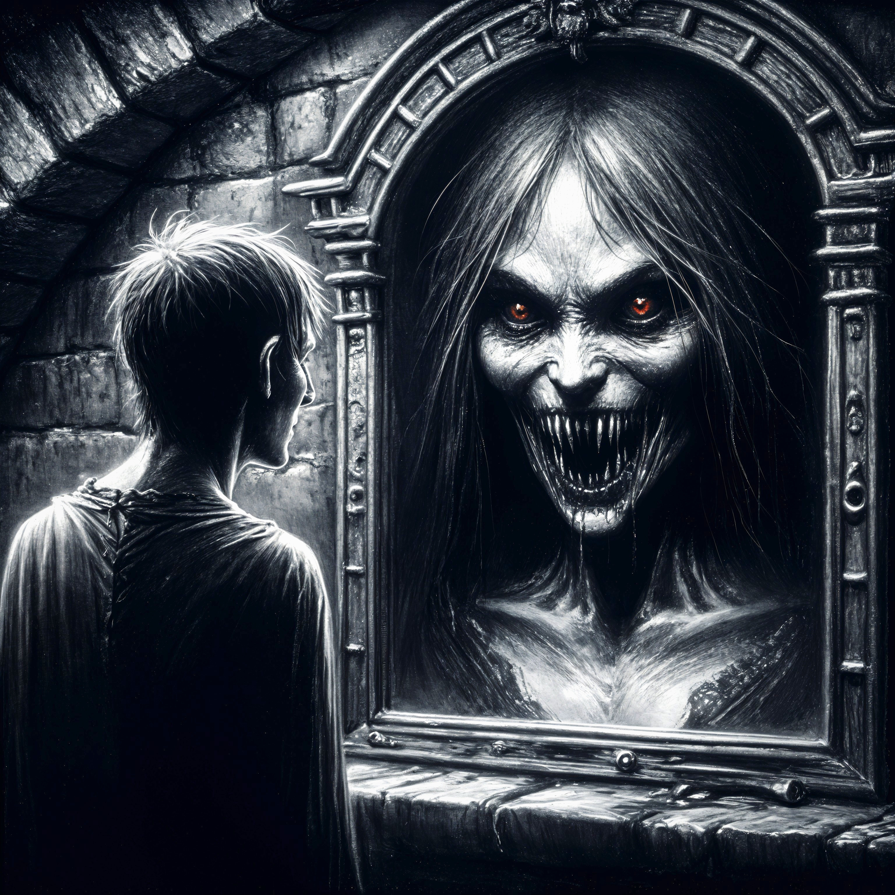 Boy in Dark Chamber with Eerie Mirror Reflection