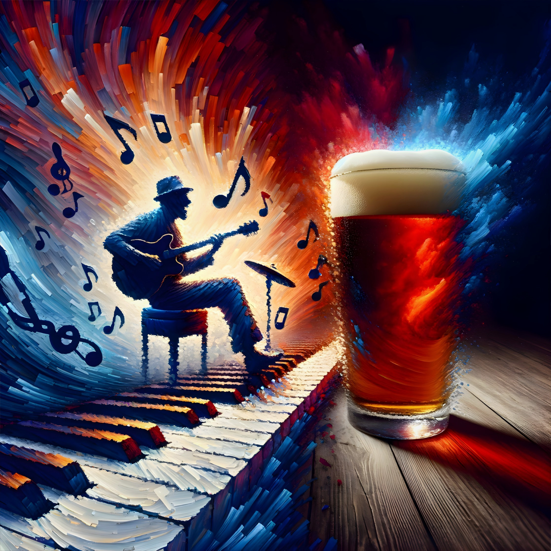 Guitarist Surrounded by Colorful Sound Waves and Beer