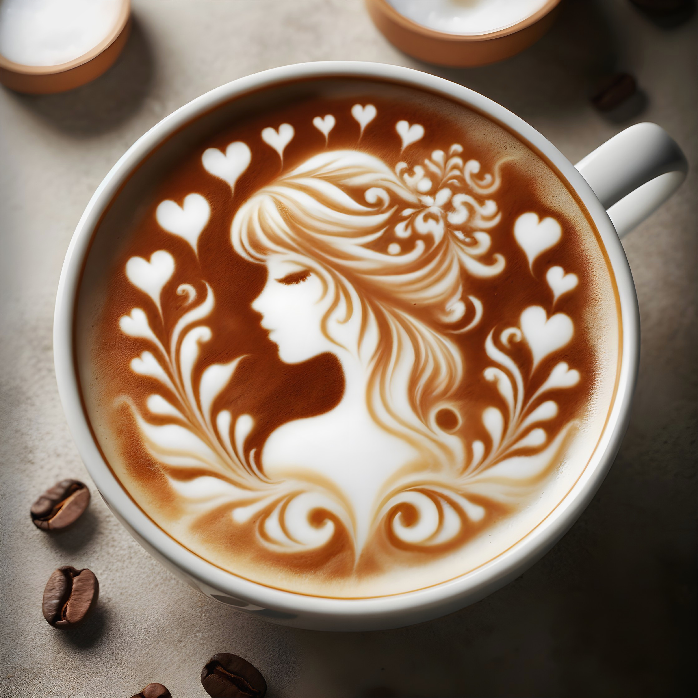 Intricate Woman Silhouette Latte Art with Hearts and Flowers