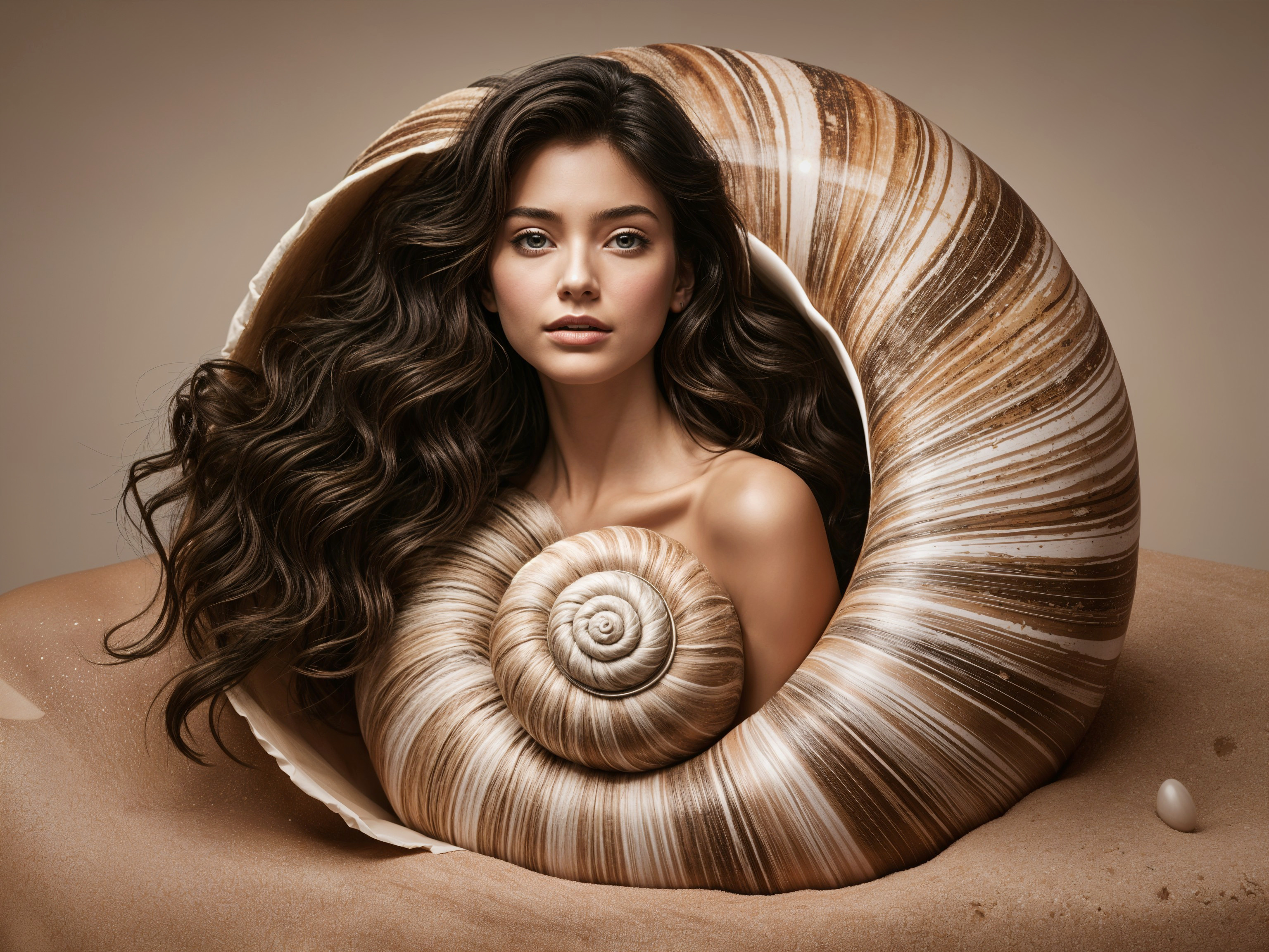 Woman with dark wavy hair in snail shell structure