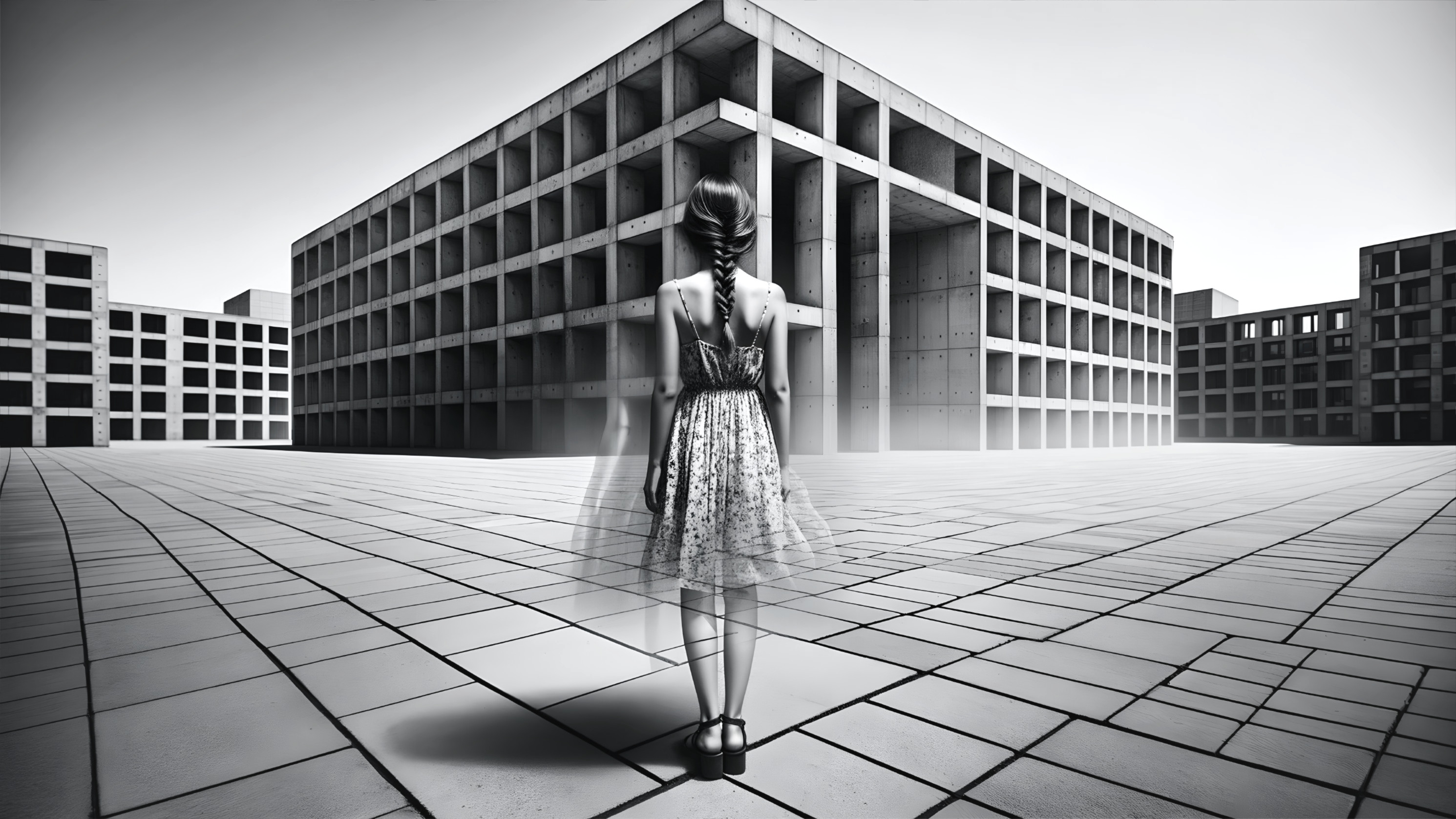 Solitary Figure in Black and White Urban Landscape