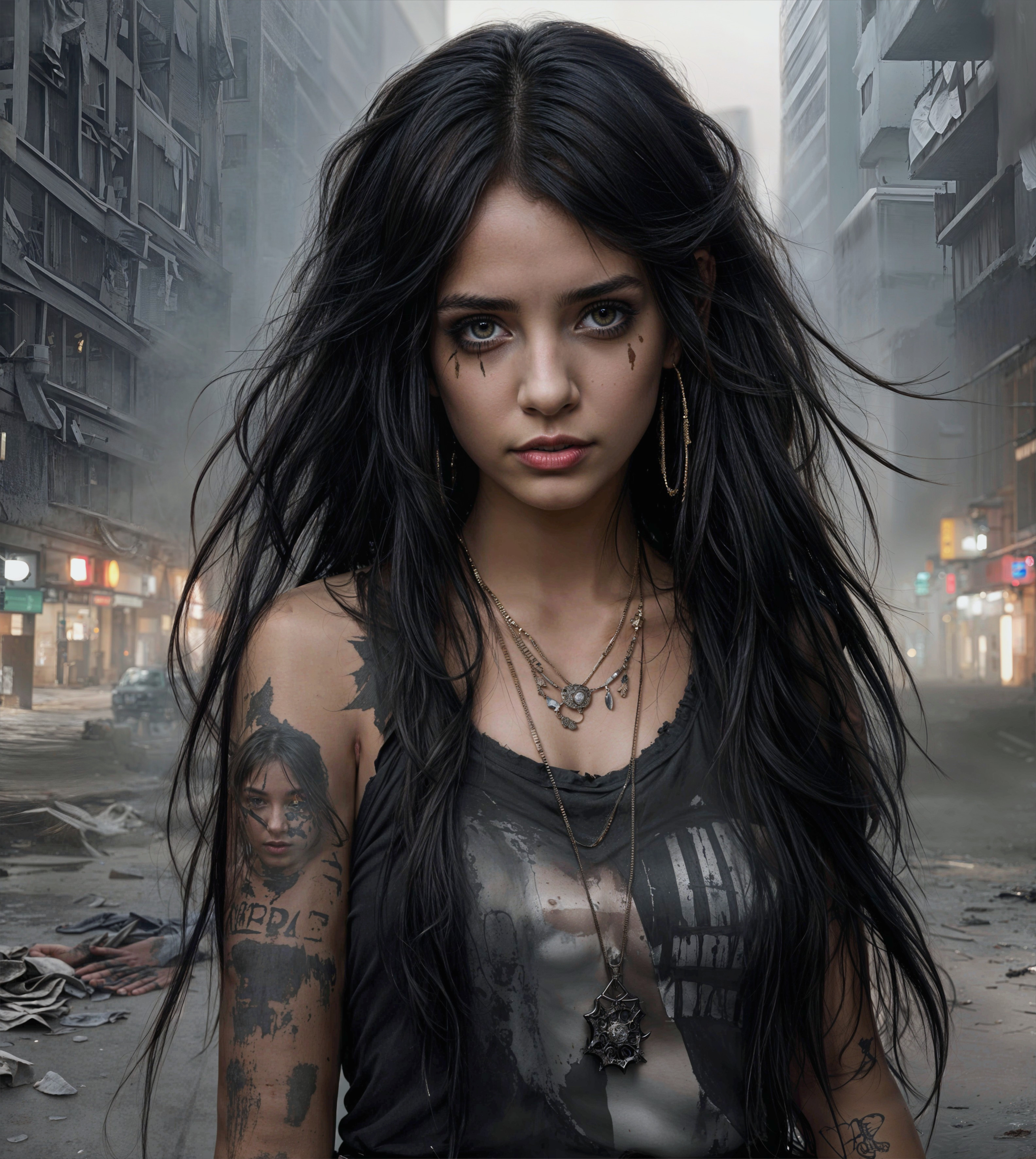 Young woman in urban setting with striking makeup and tattoos
