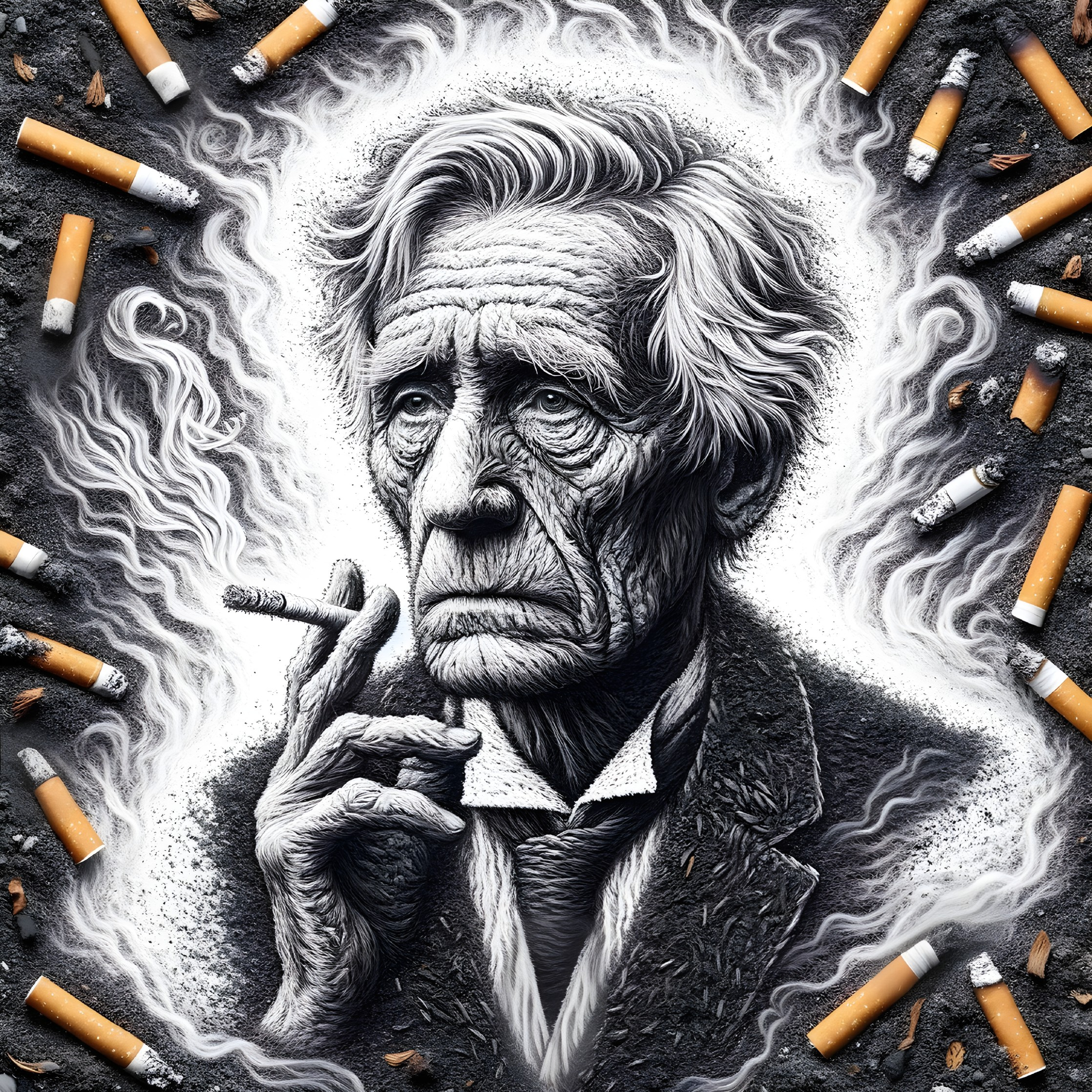 Elderly person with cigarette in smoke and butts.