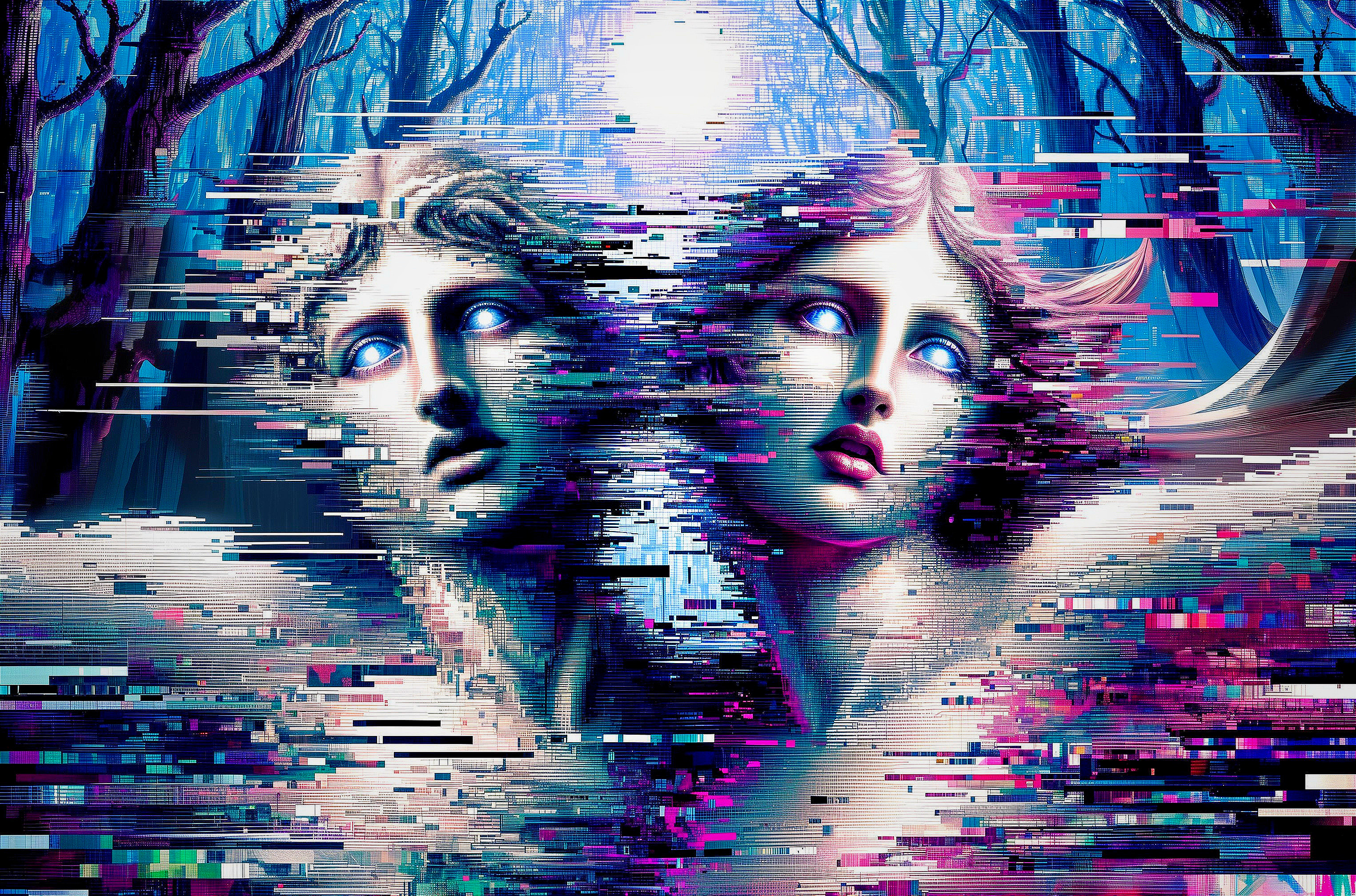 Ethereal Figures in a Surreal Glitch Forest Scene