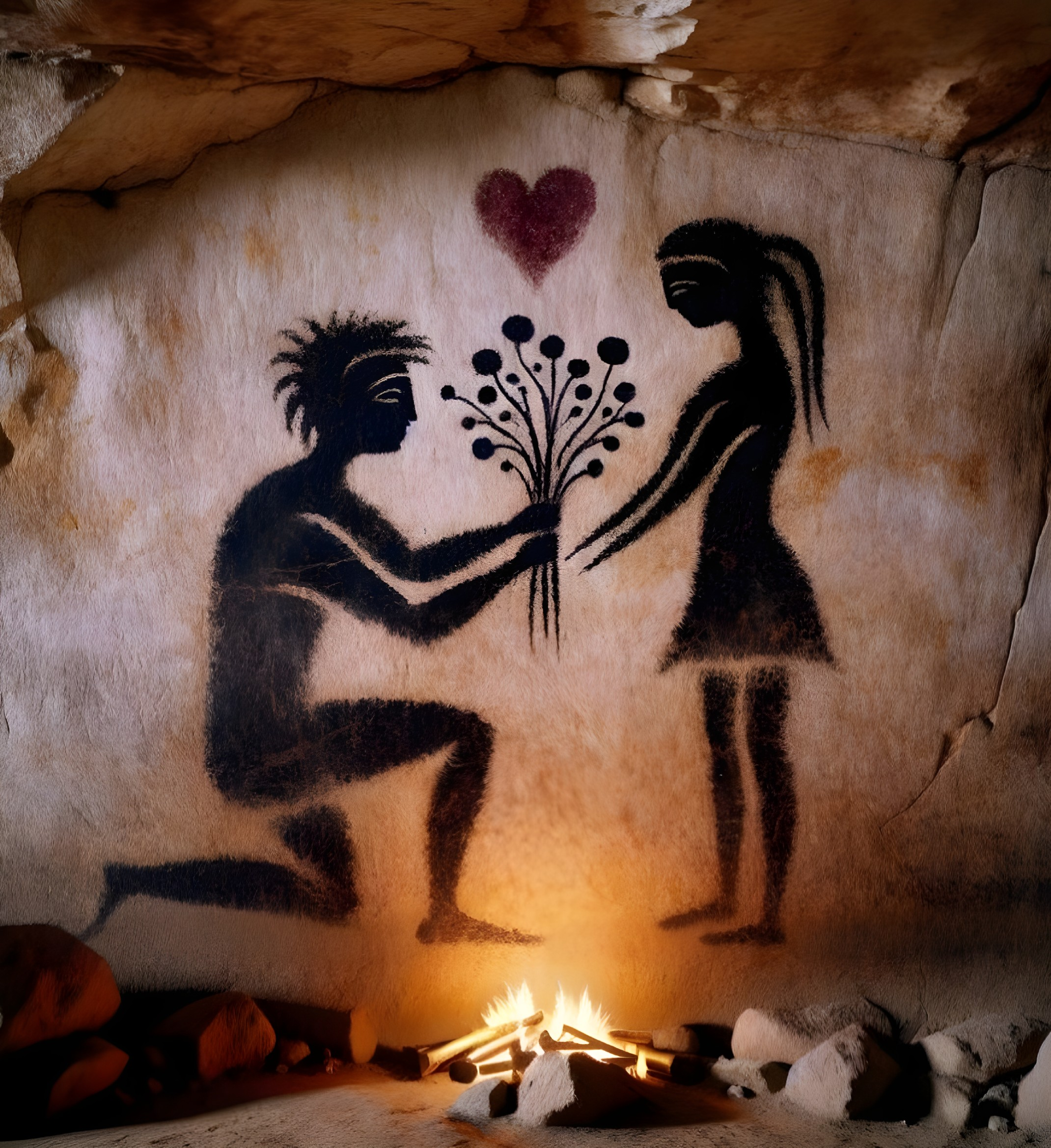 Prehistoric Cave Painting of Romantic Figures and Symbols