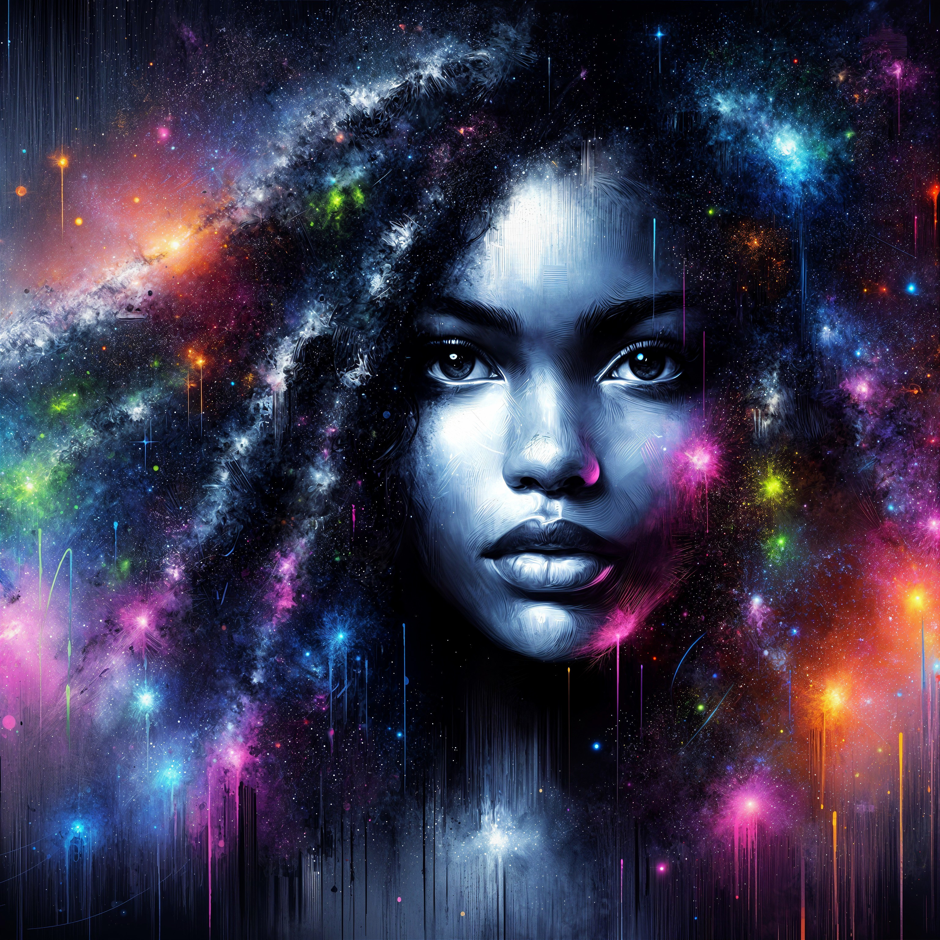 Portrait of a Woman with Cosmic Hair and Stars