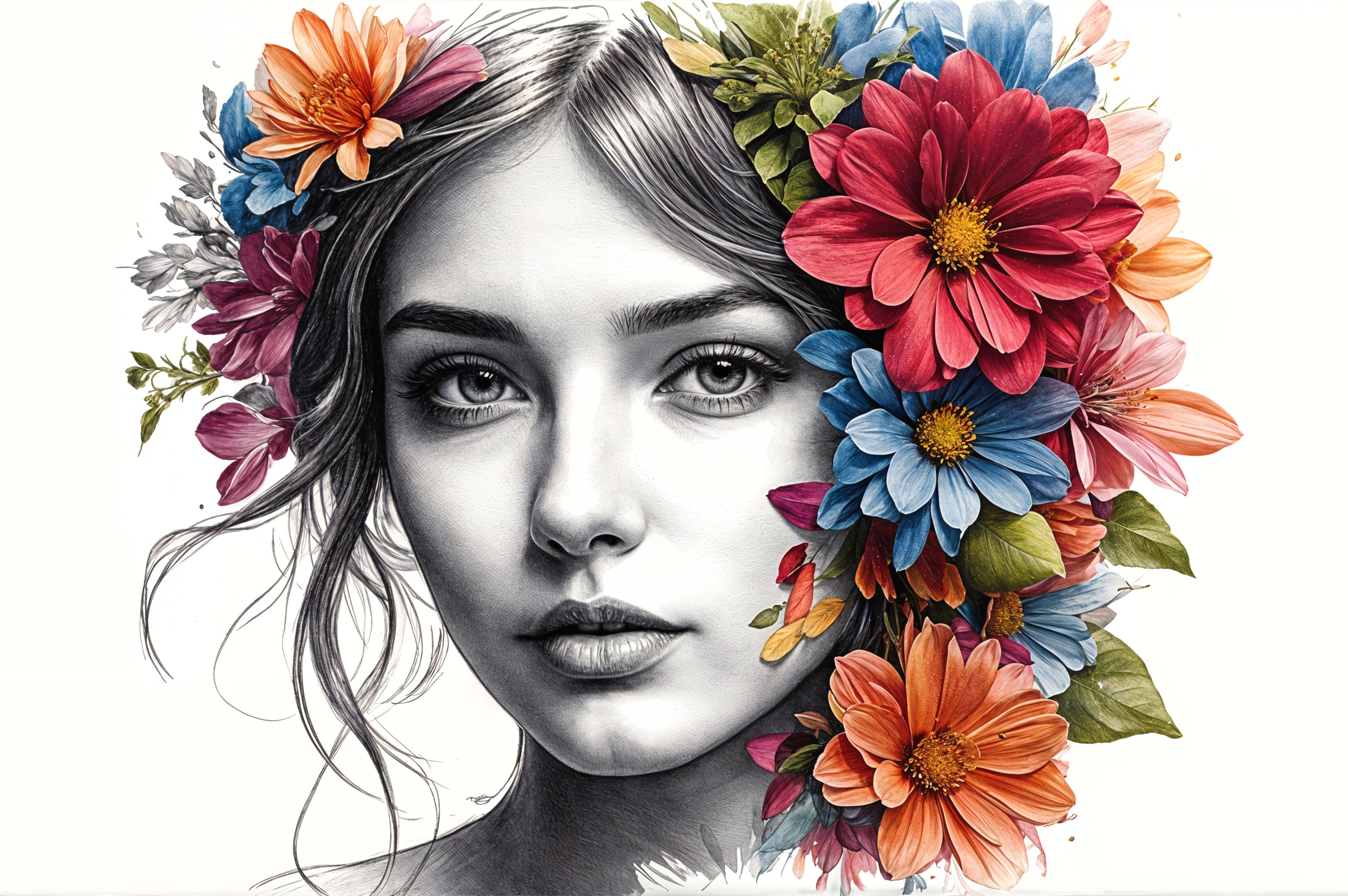 Young Woman Surrounded by Colorful Flowers Portrait