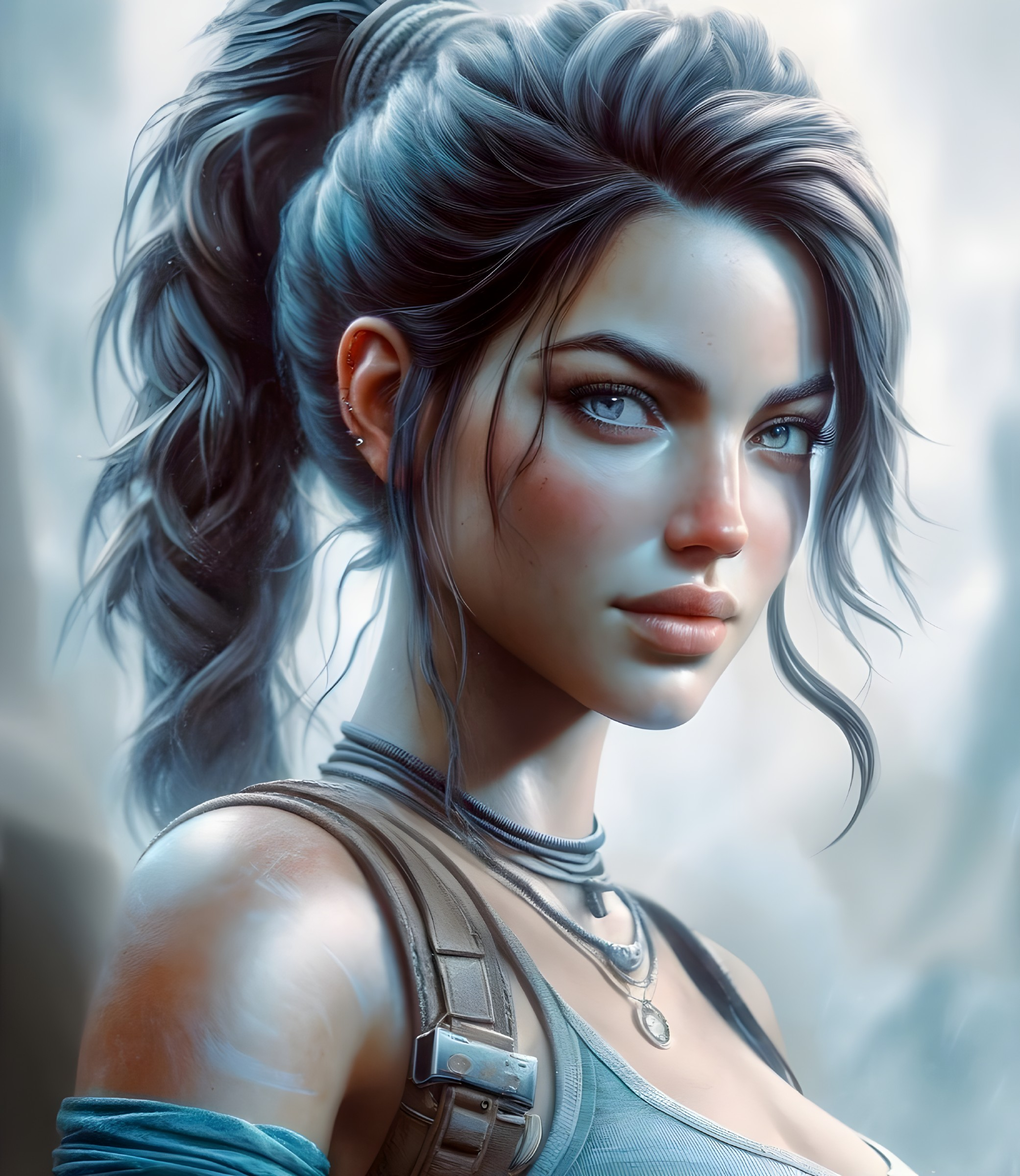 Young woman with blue eyes in rugged outfit