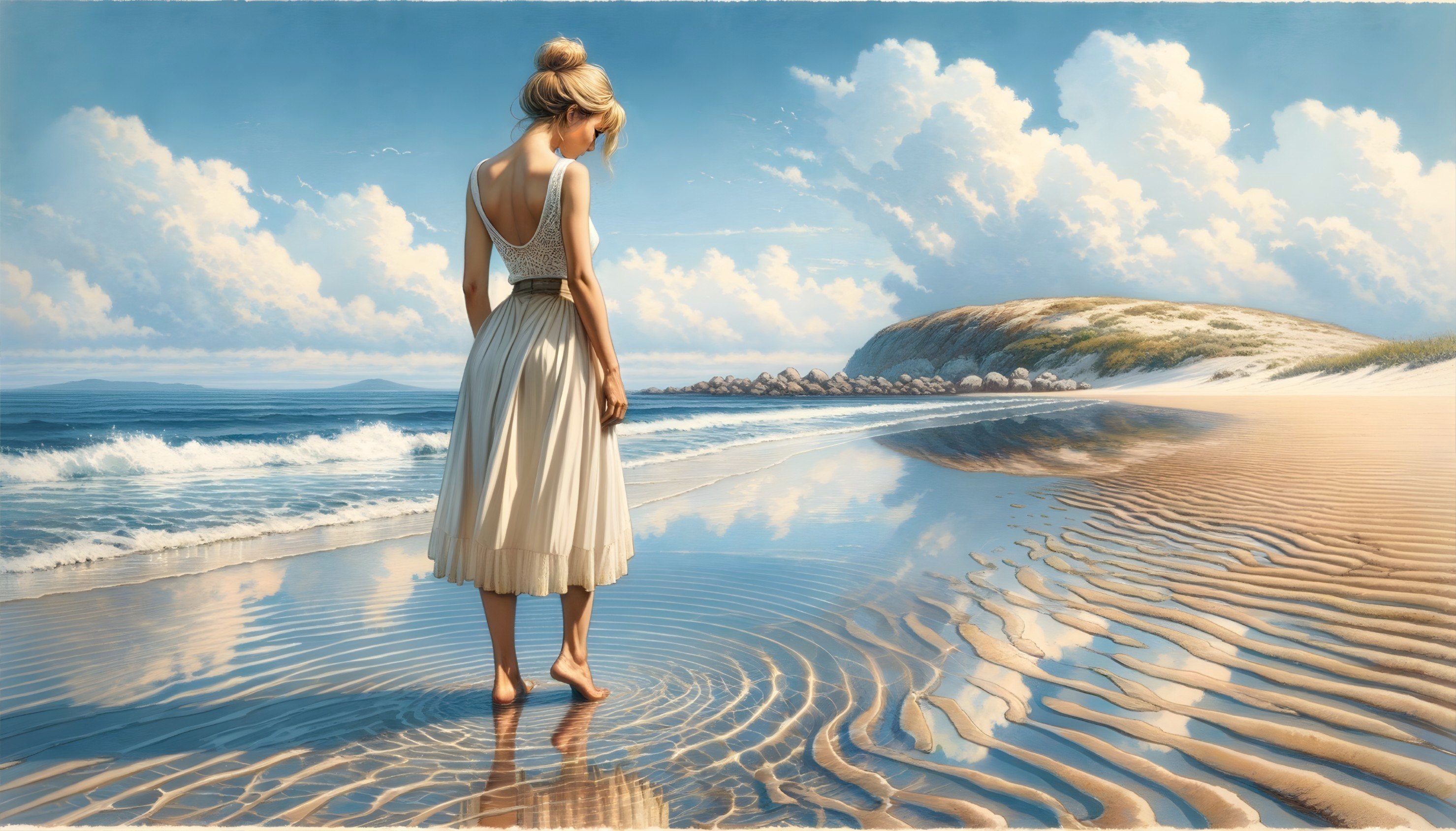 Woman in light dress on sandy beach by the sea