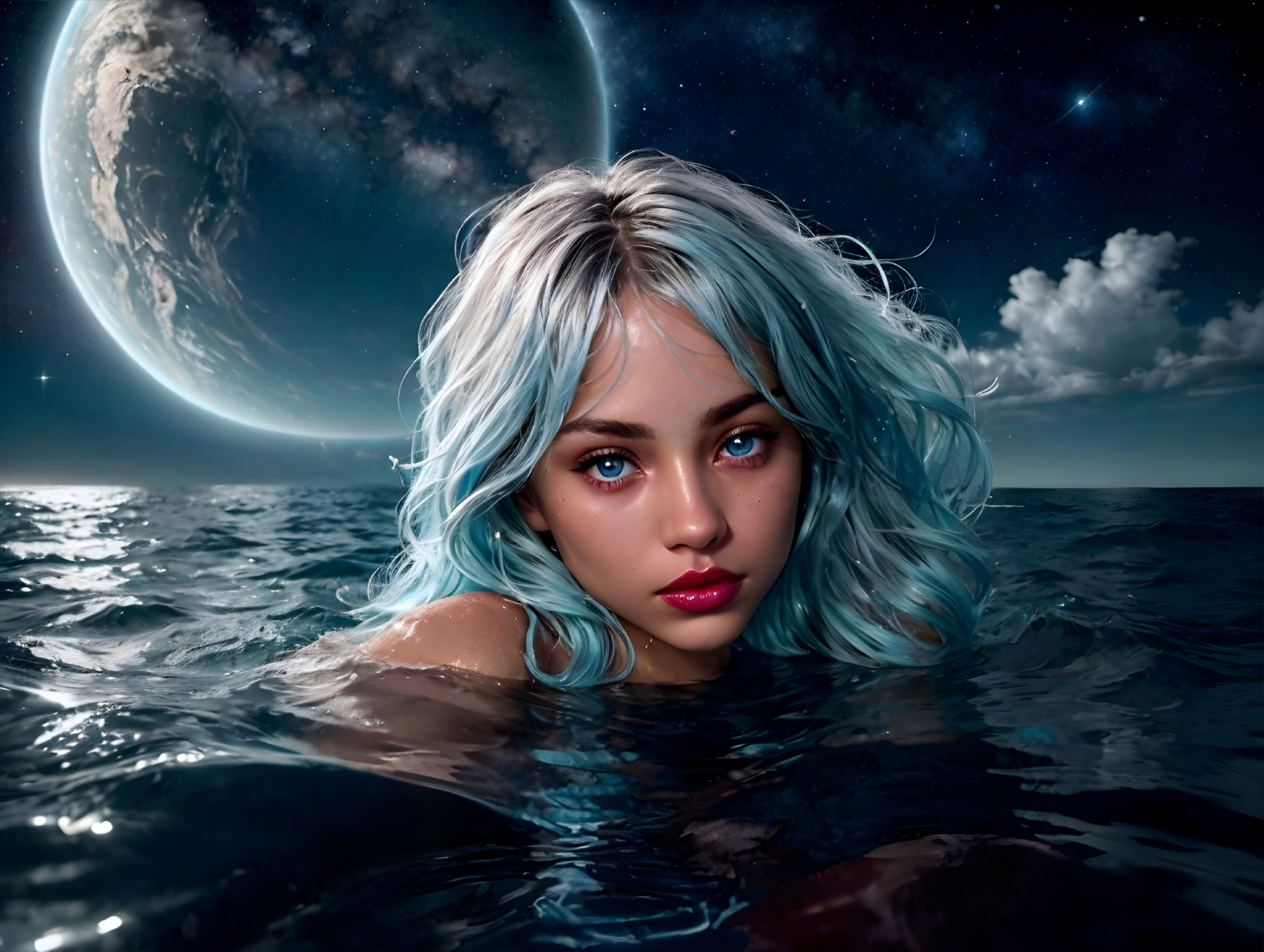 Surreal Scene of Woman with Aqua Hair in Ocean Night