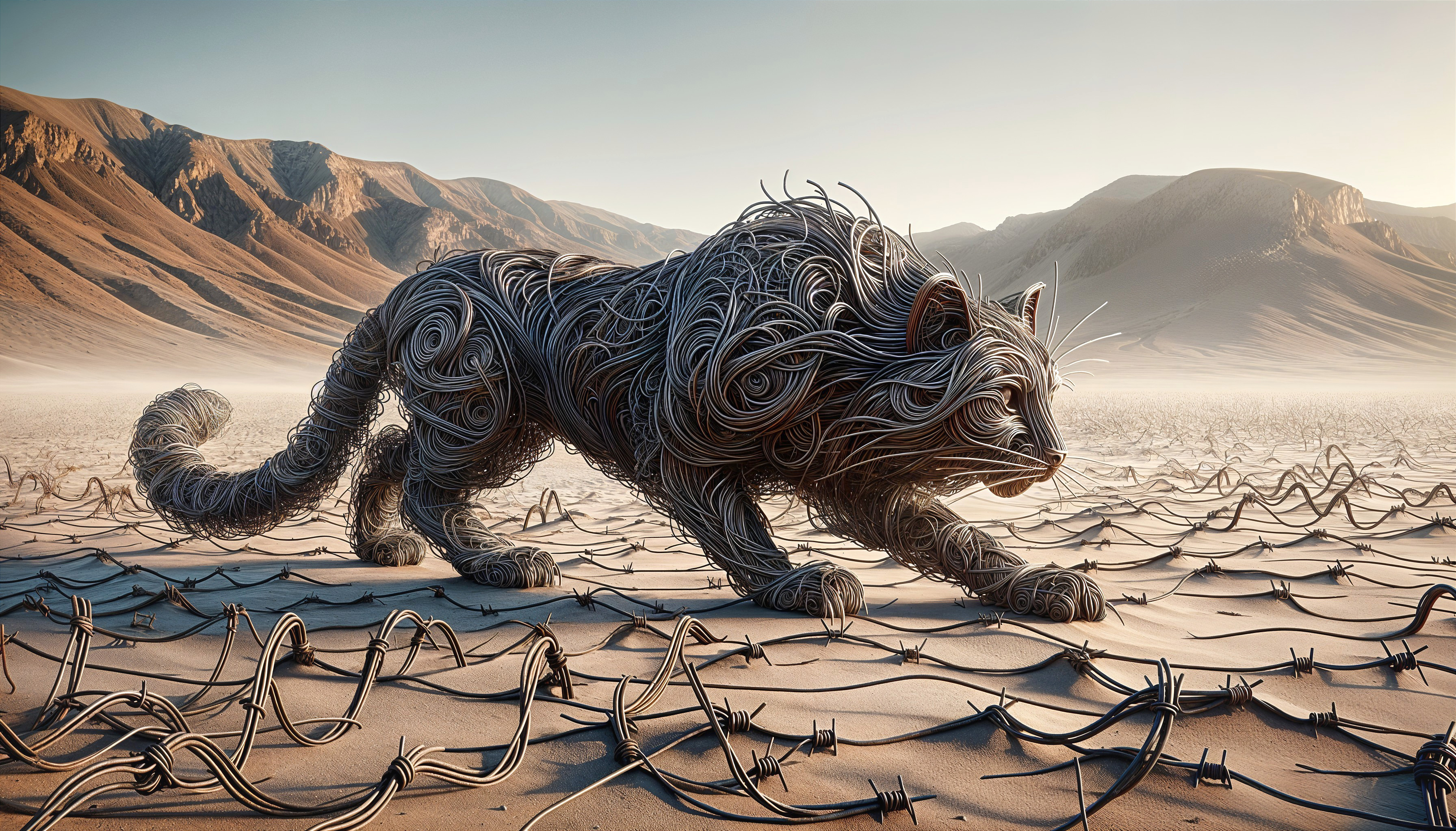 Surreal Landscape with Metallic Lion and Mountains