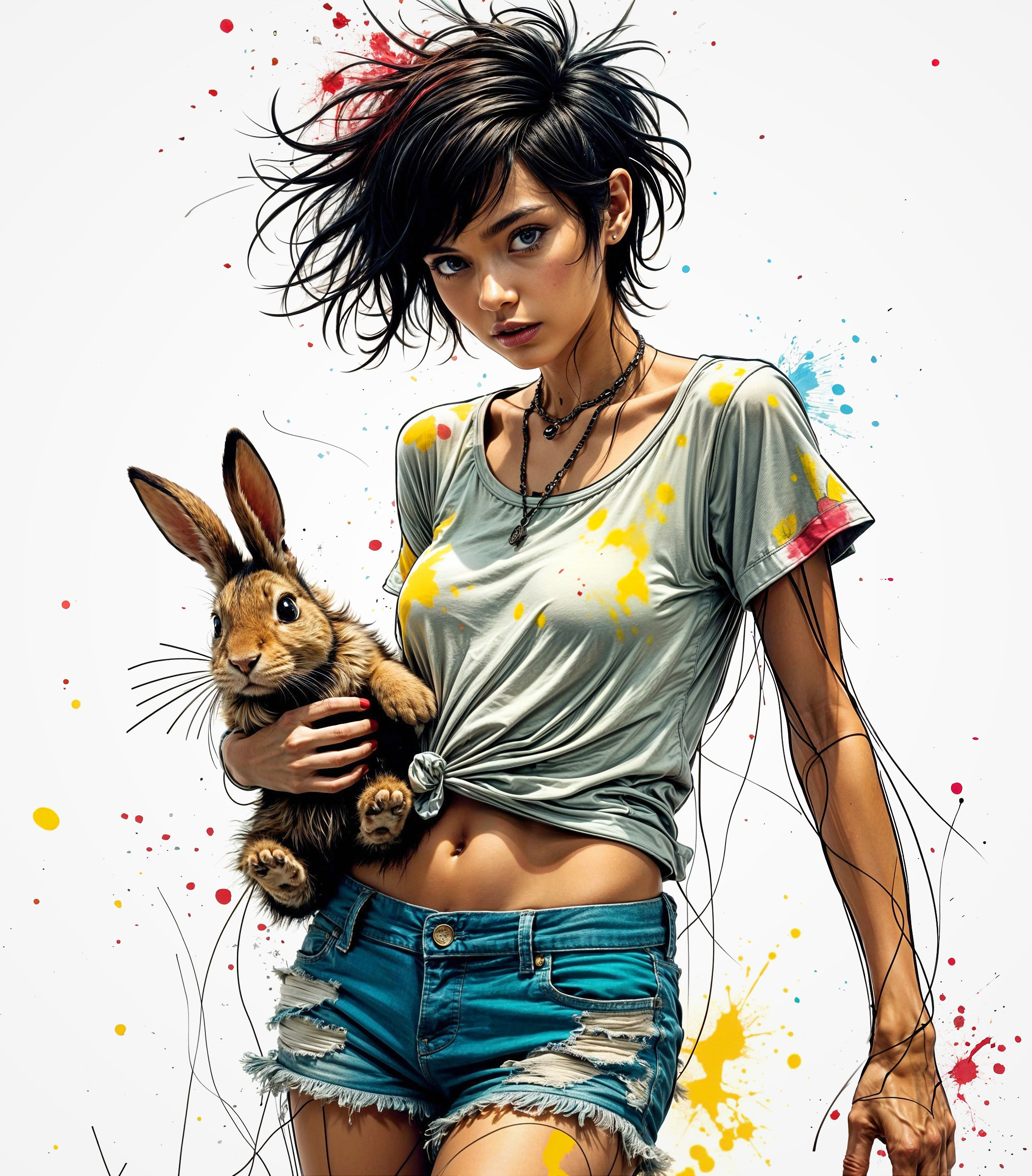 Stylish Young Woman Holding a Fluffy Rabbit