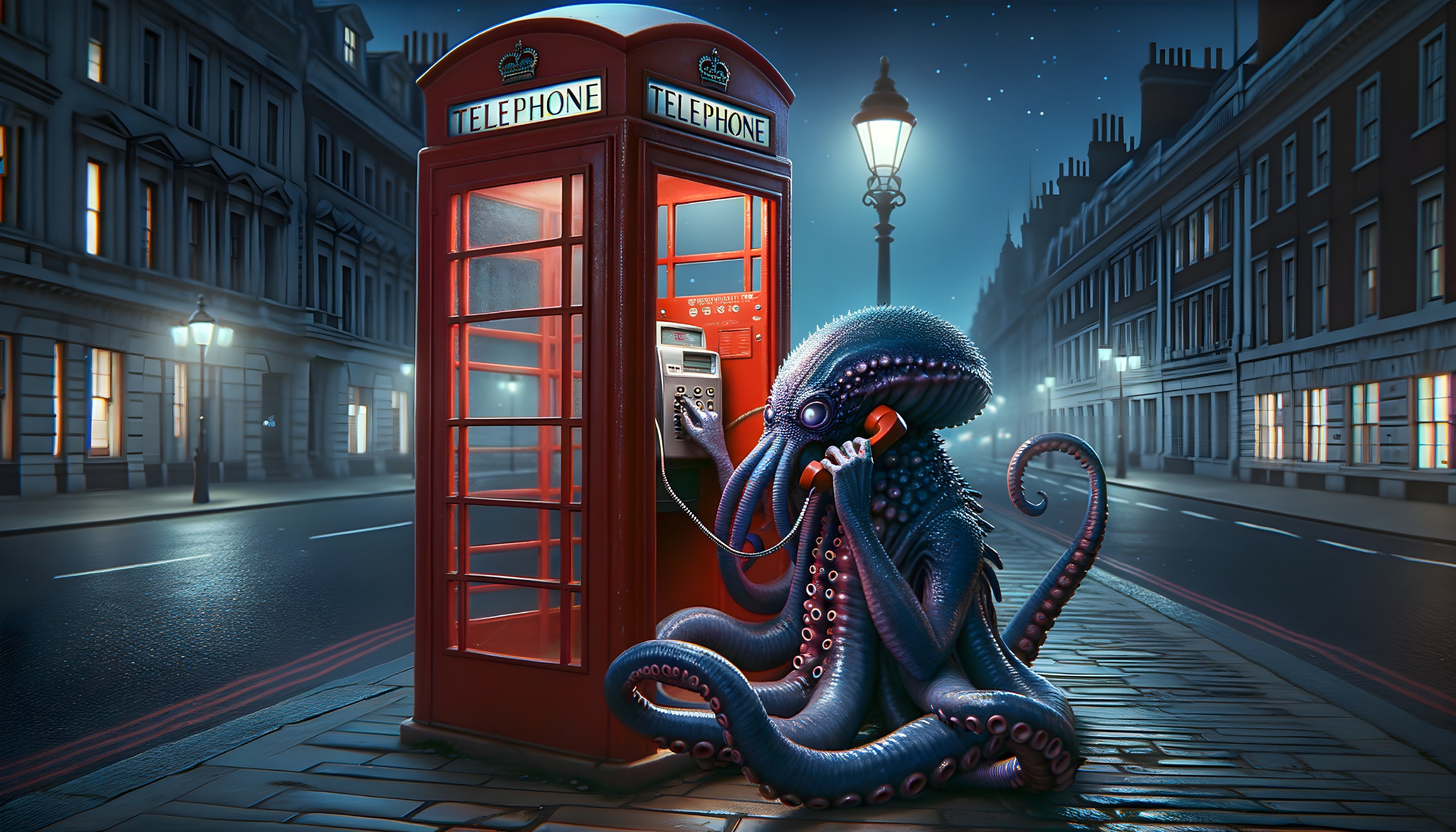 Blue Octopus Enters Red British Telephone Box on Deserted Street at Night