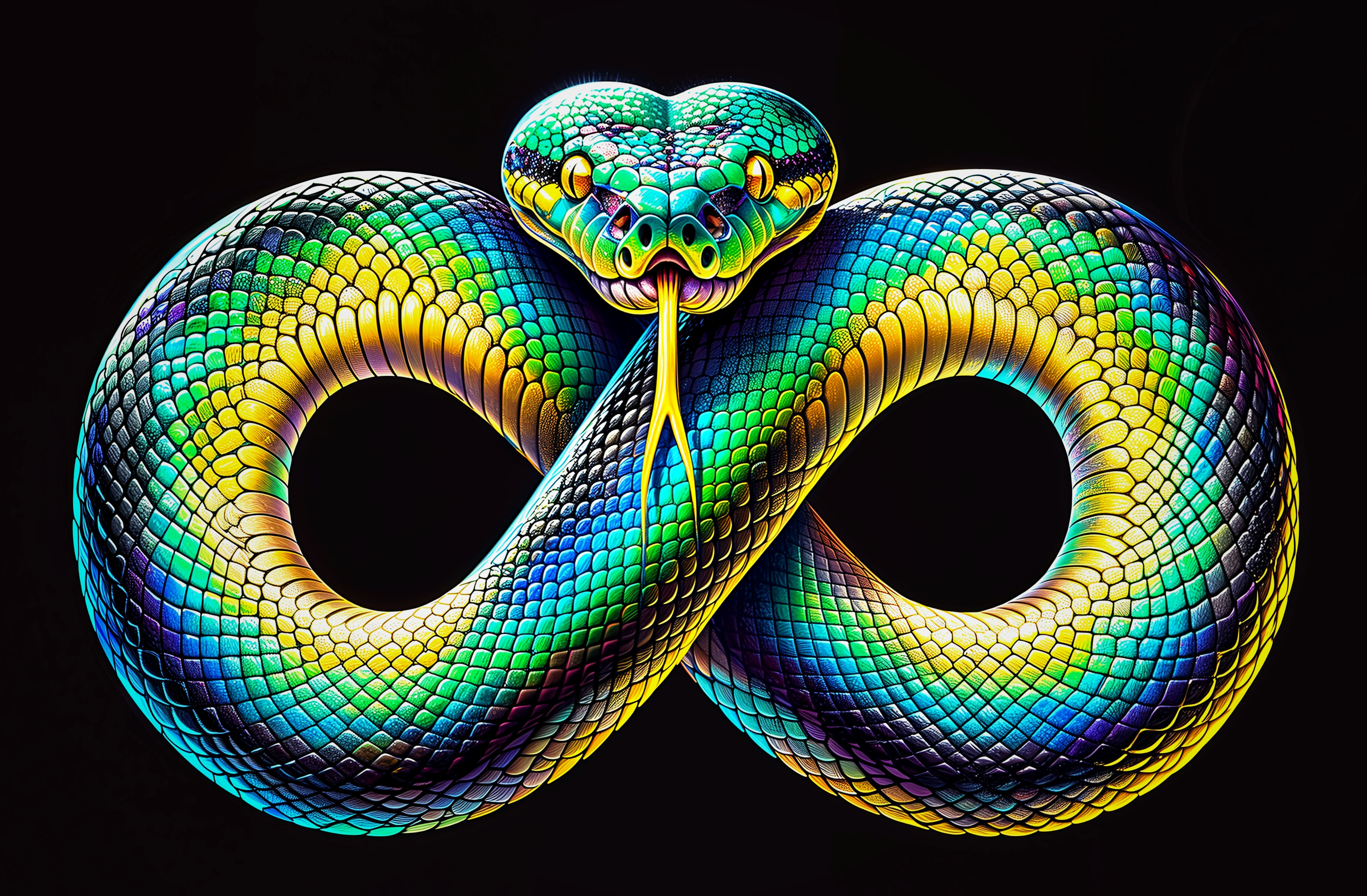 Iridescent Snake Forms Infinity Symbol on Black Background