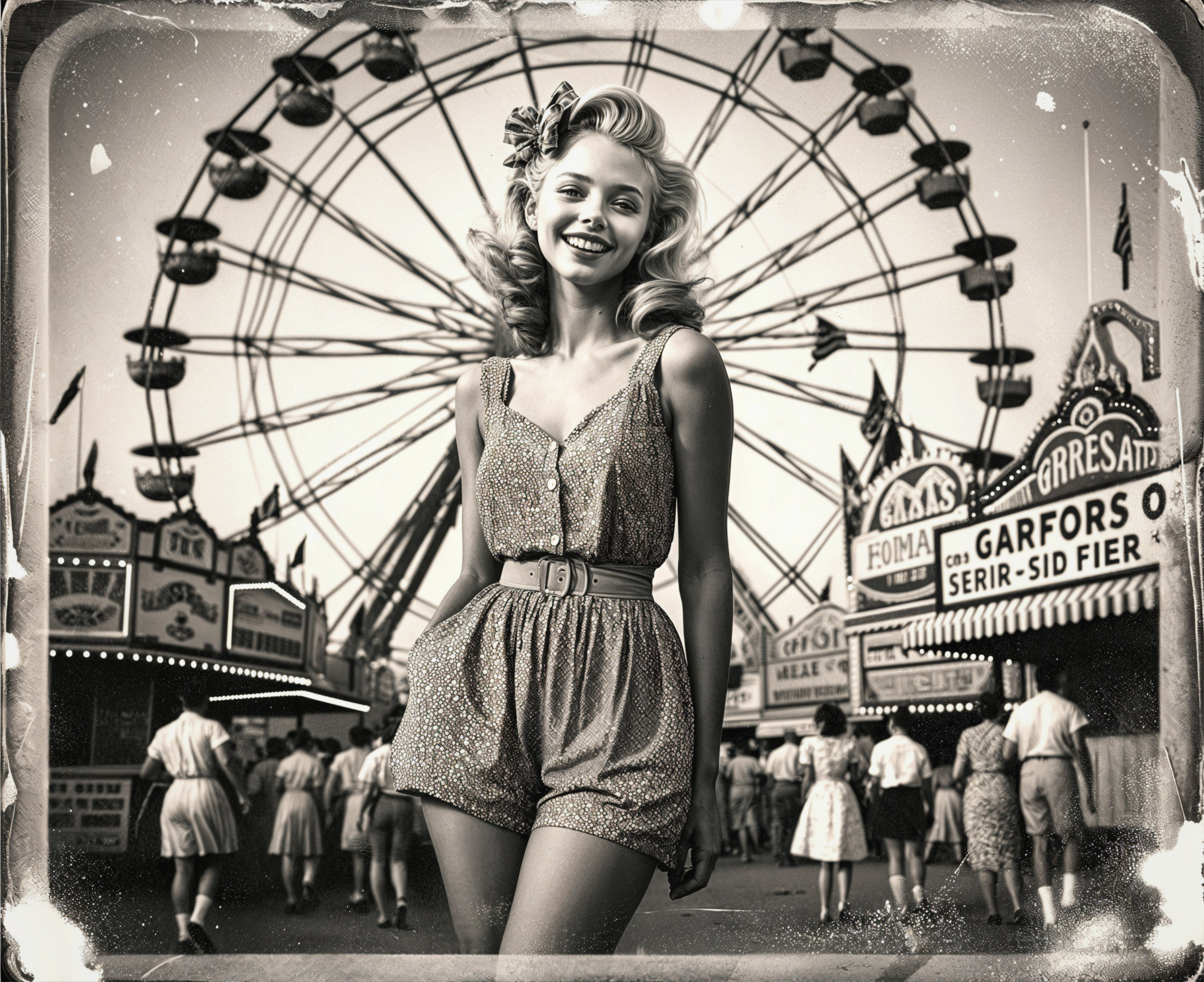 Cheerful Woman at Vintage Carnival with Ferris Wheel