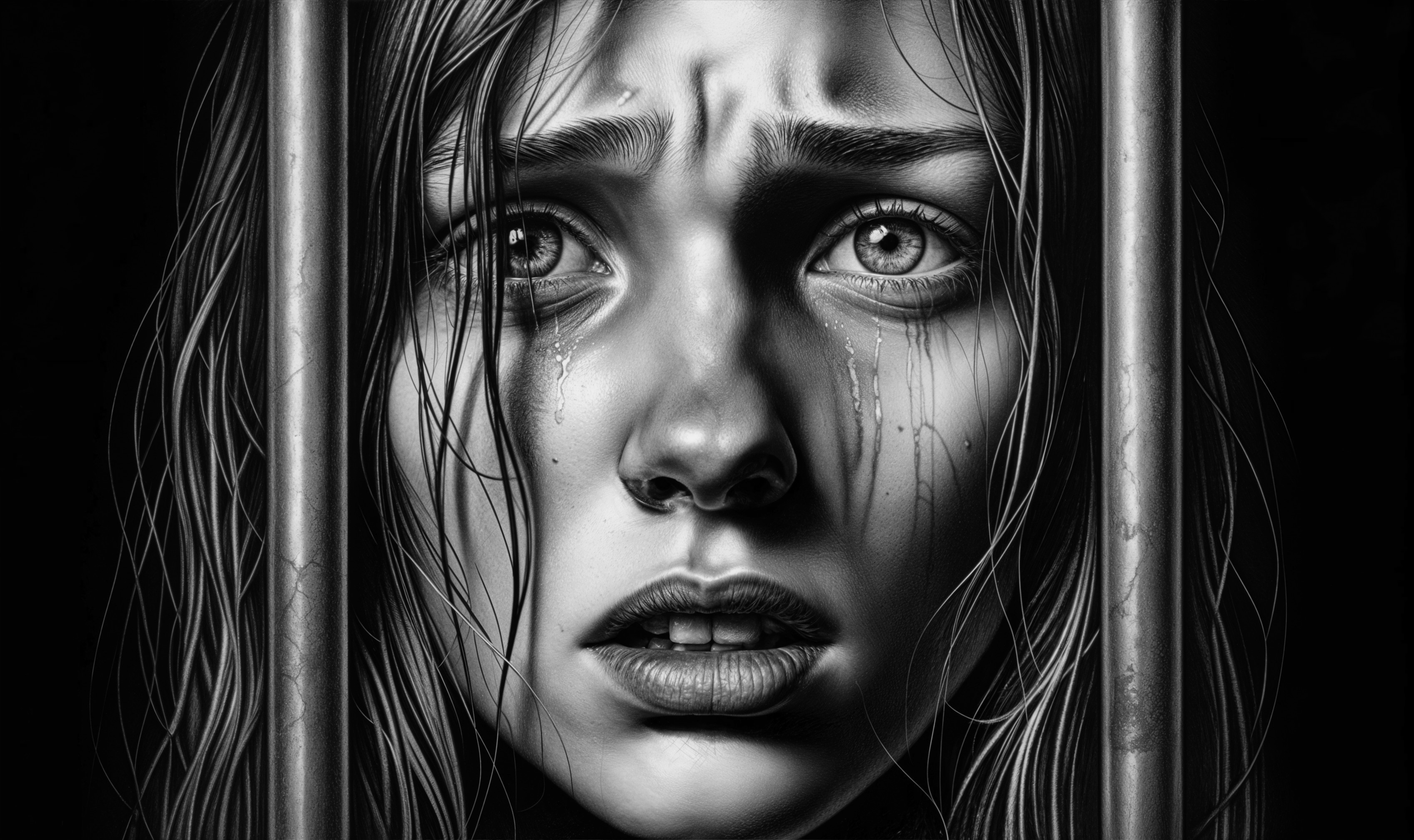 Black-and-white portrait of a young woman in despair