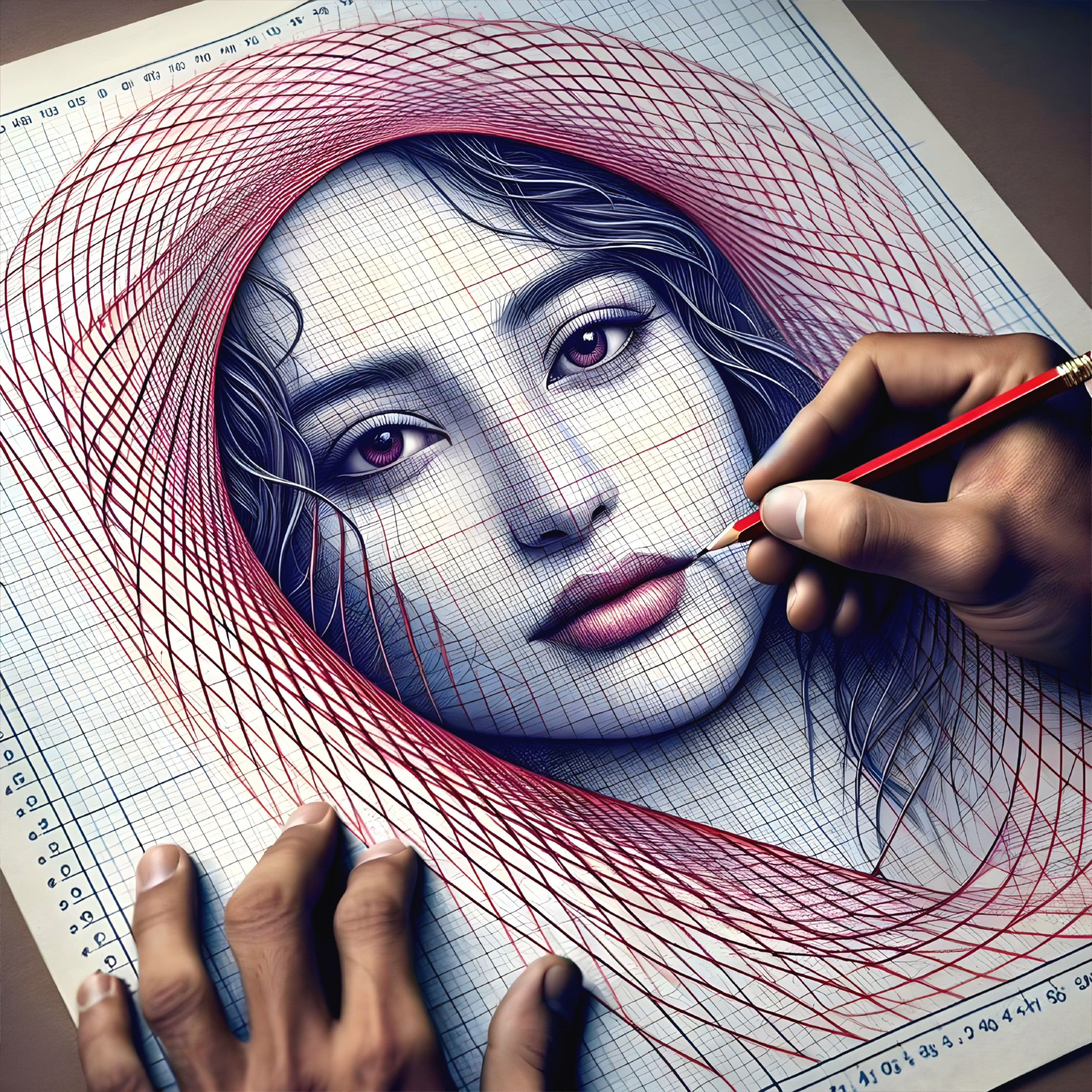 Hyper-realistic Drawing of a Woman's Face on Graph Paper