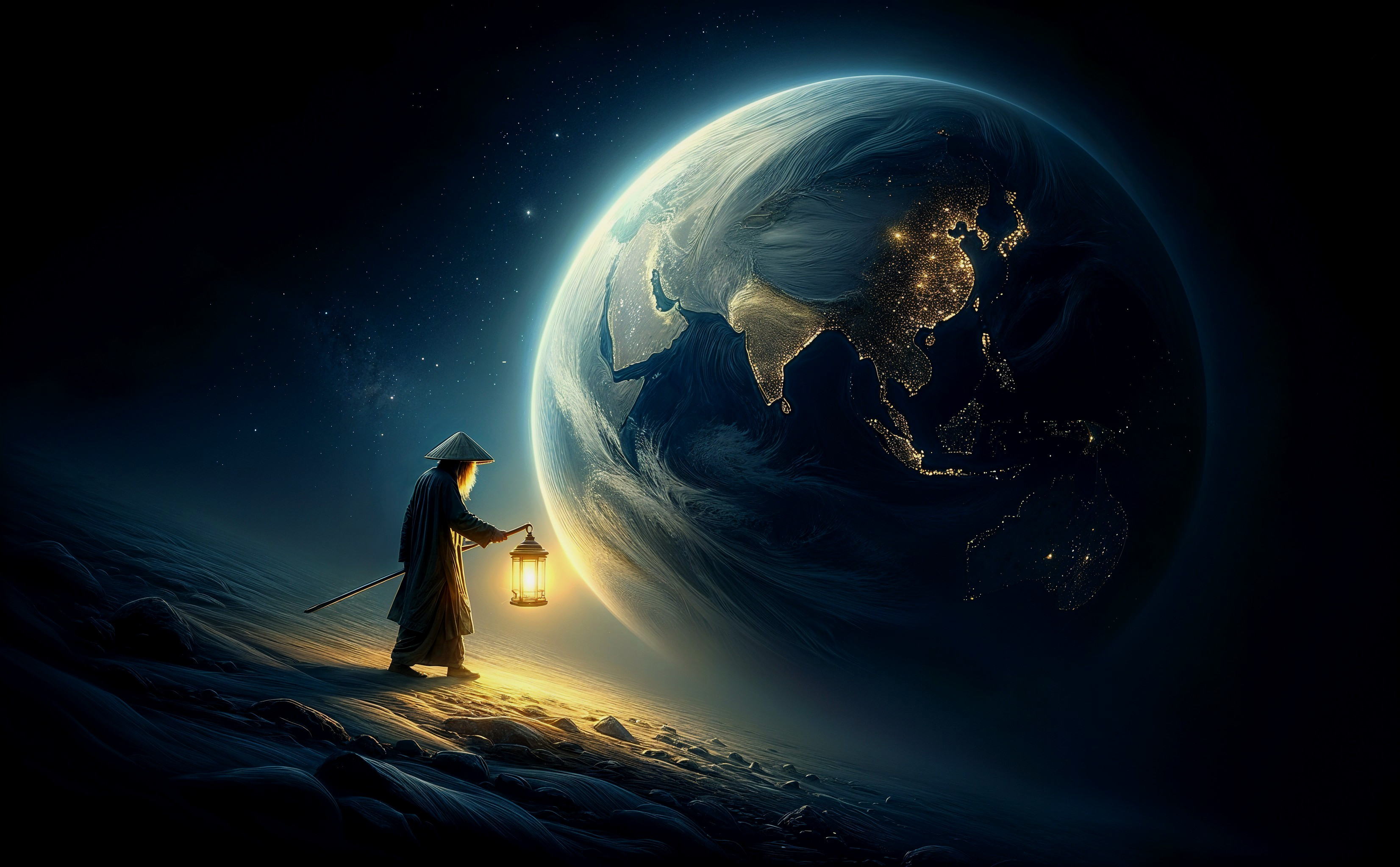 Solitary Figure with Lantern Under Starry Sky