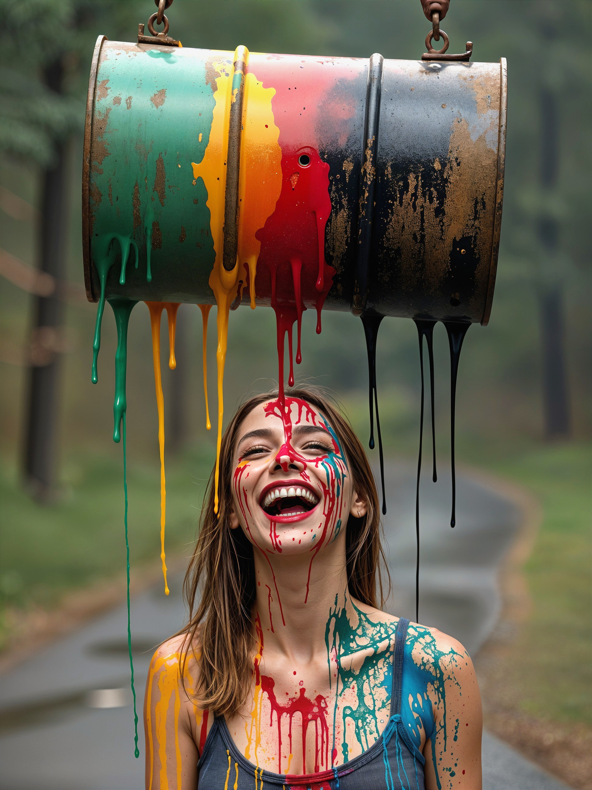 Joyful Woman Surrounded by Colorful Paint Drips