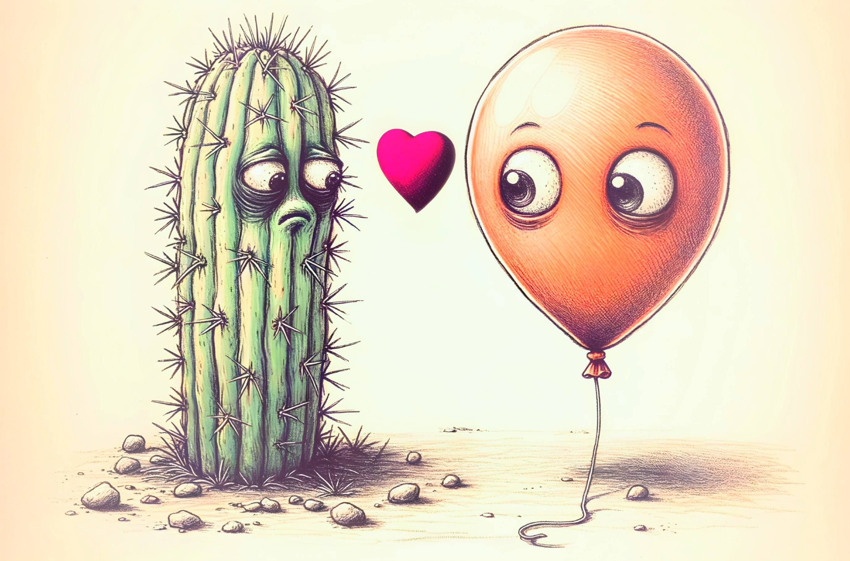 Cartoon Cactus and Balloon in Playful Pastel Scene
