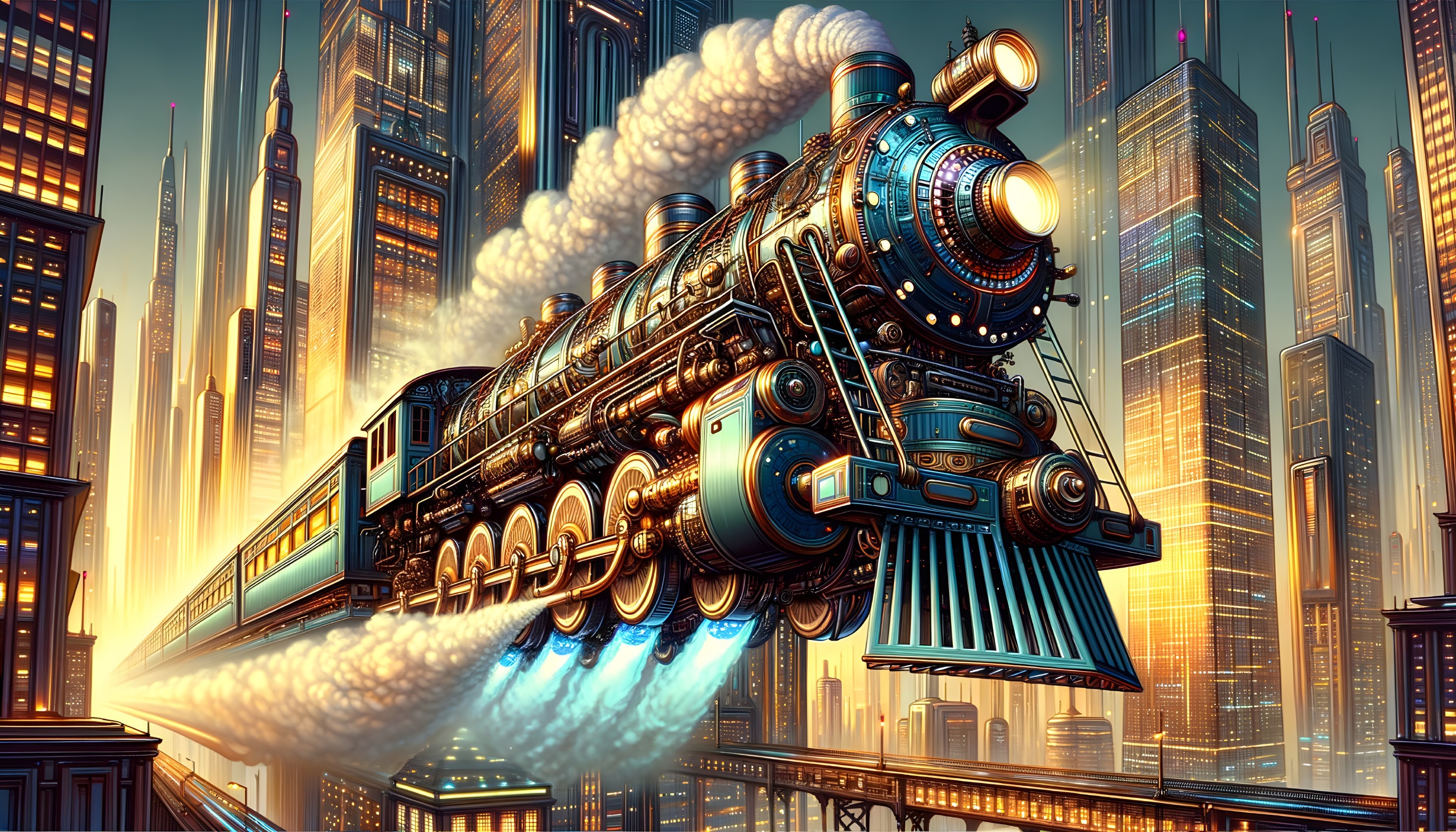 Futuristic Steam Locomotive Over City Skyline