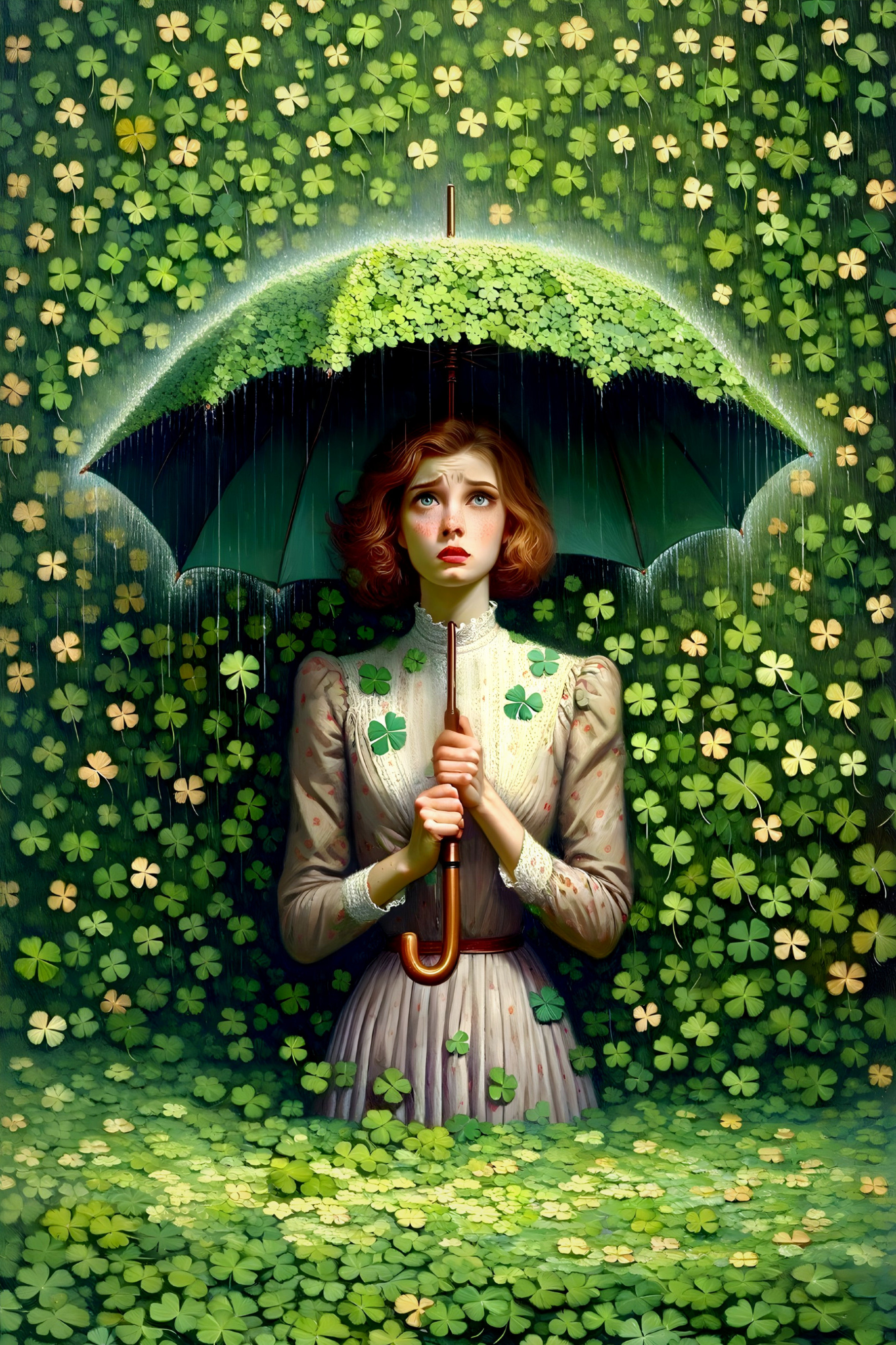 Woman under umbrella in green clovers with sunlight