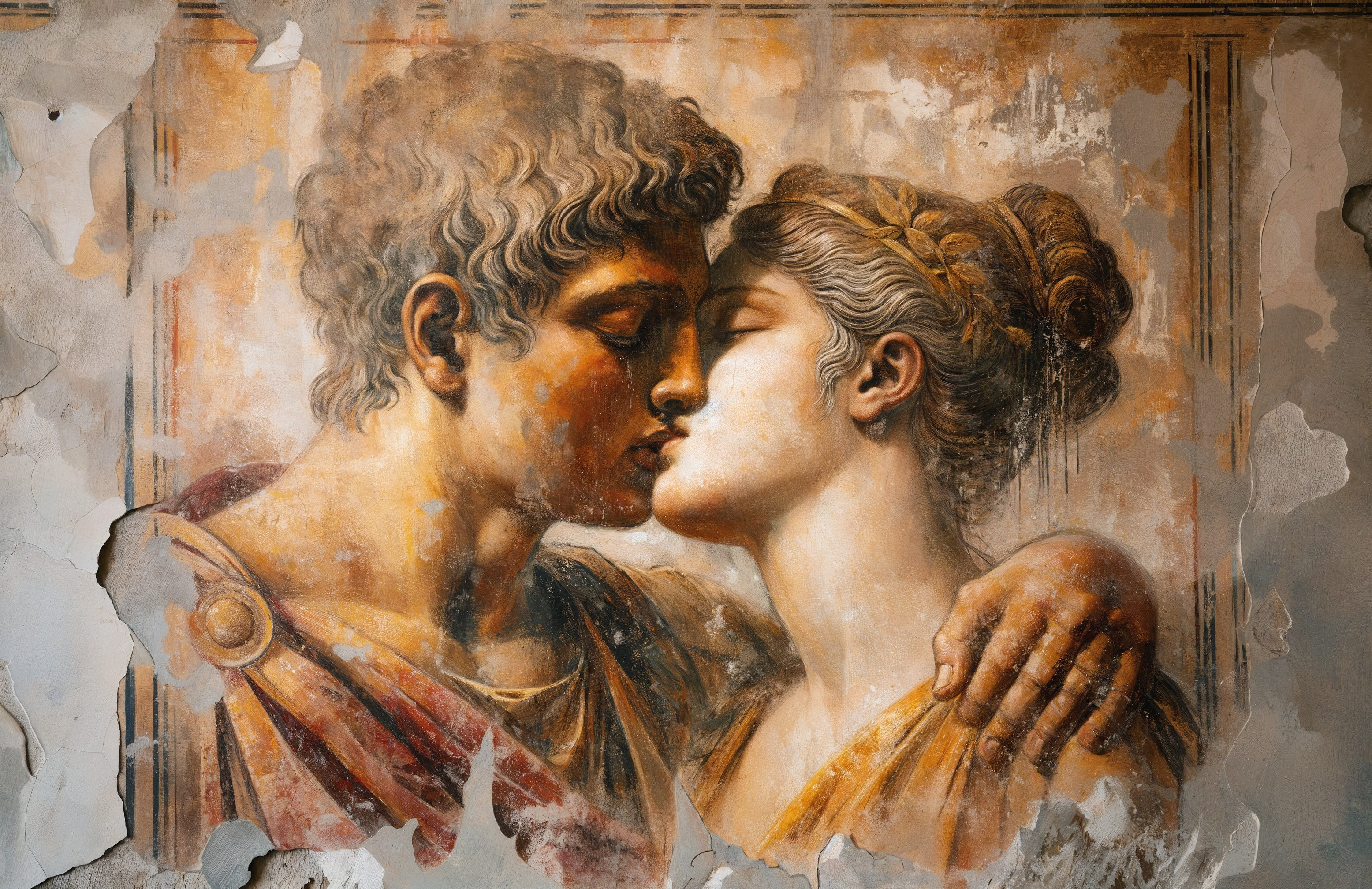 Classical fresco of a tender kiss between figures