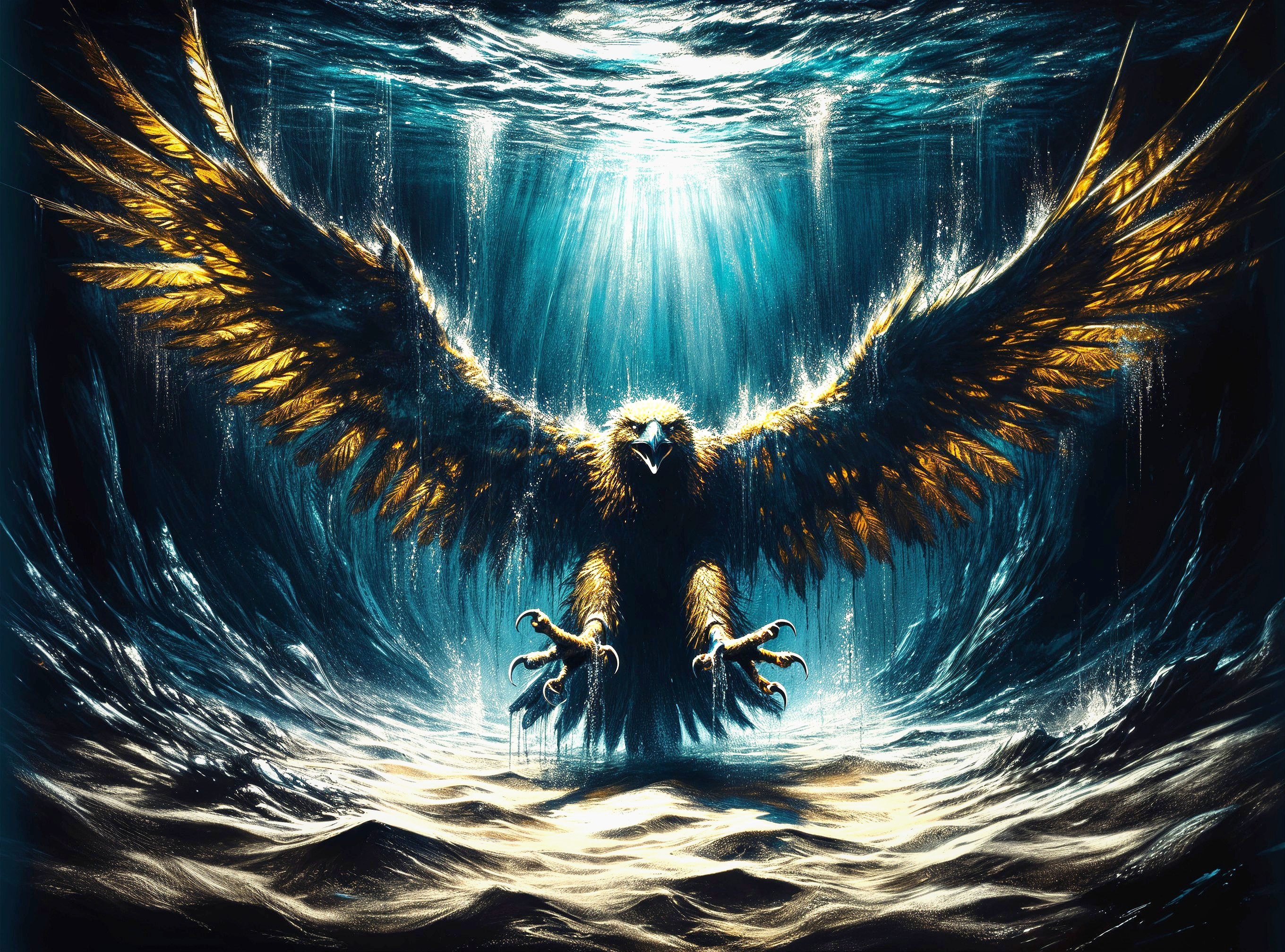 Eagle Rising from Pool with Dramatic Light Effects