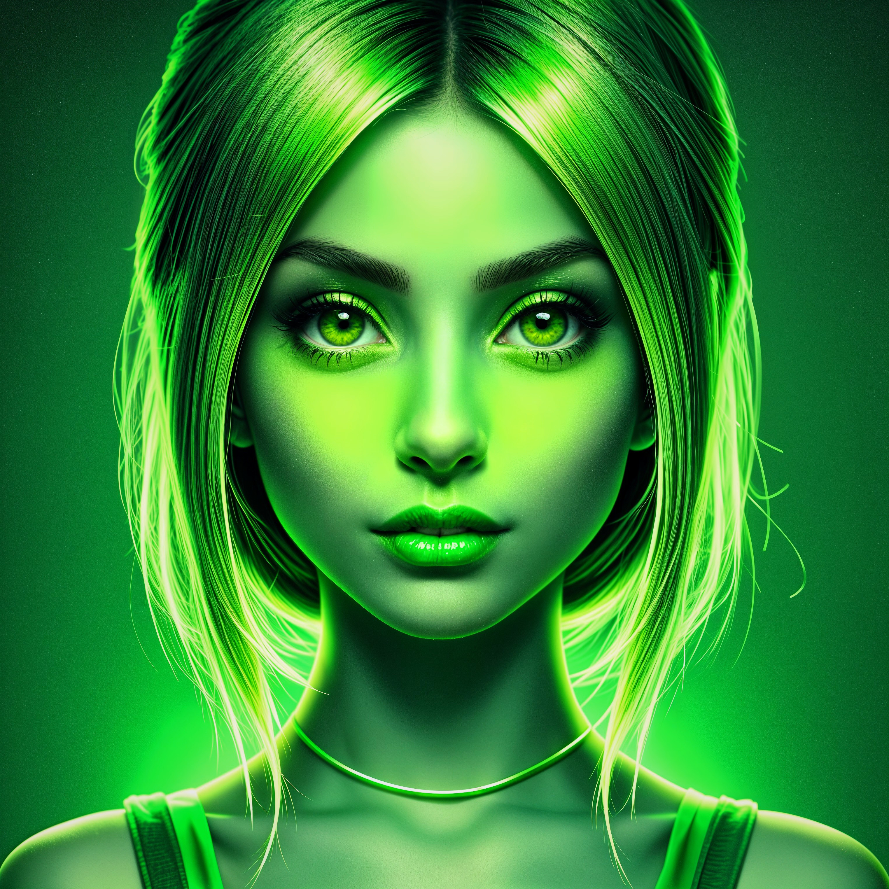 Portrait of a model with green hair and eyes