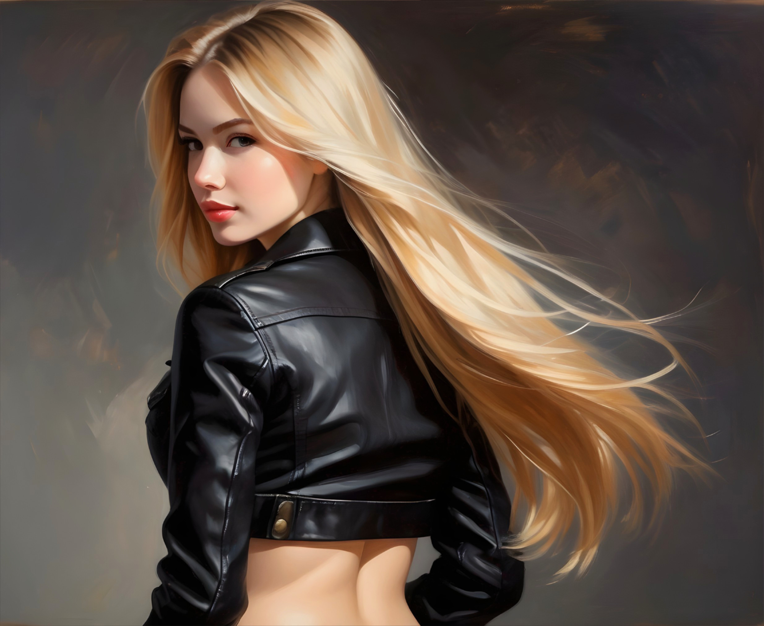Young woman in leather jacket with flowing blonde hair