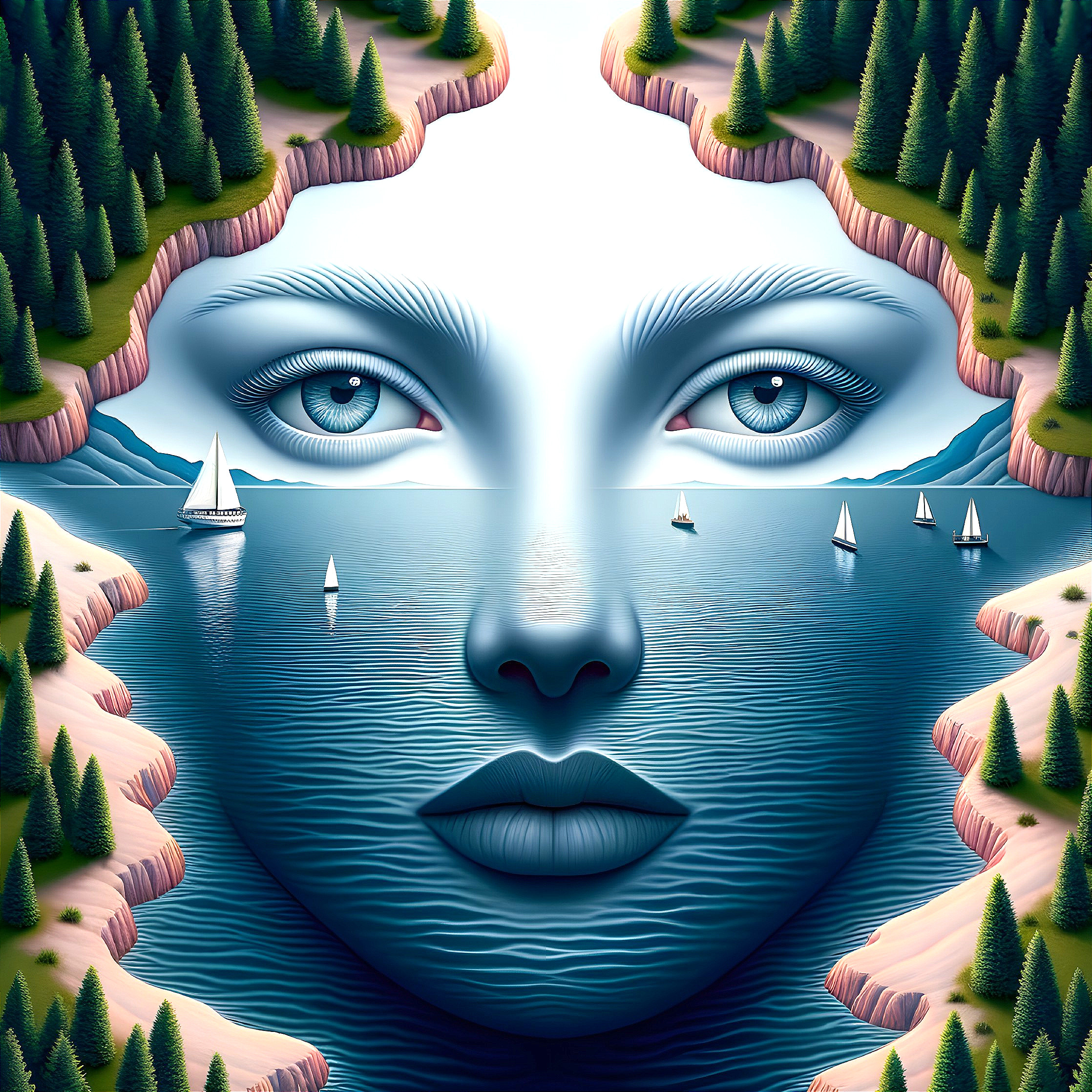 Surreal Portrait Blending Woman and Scenic Landscape