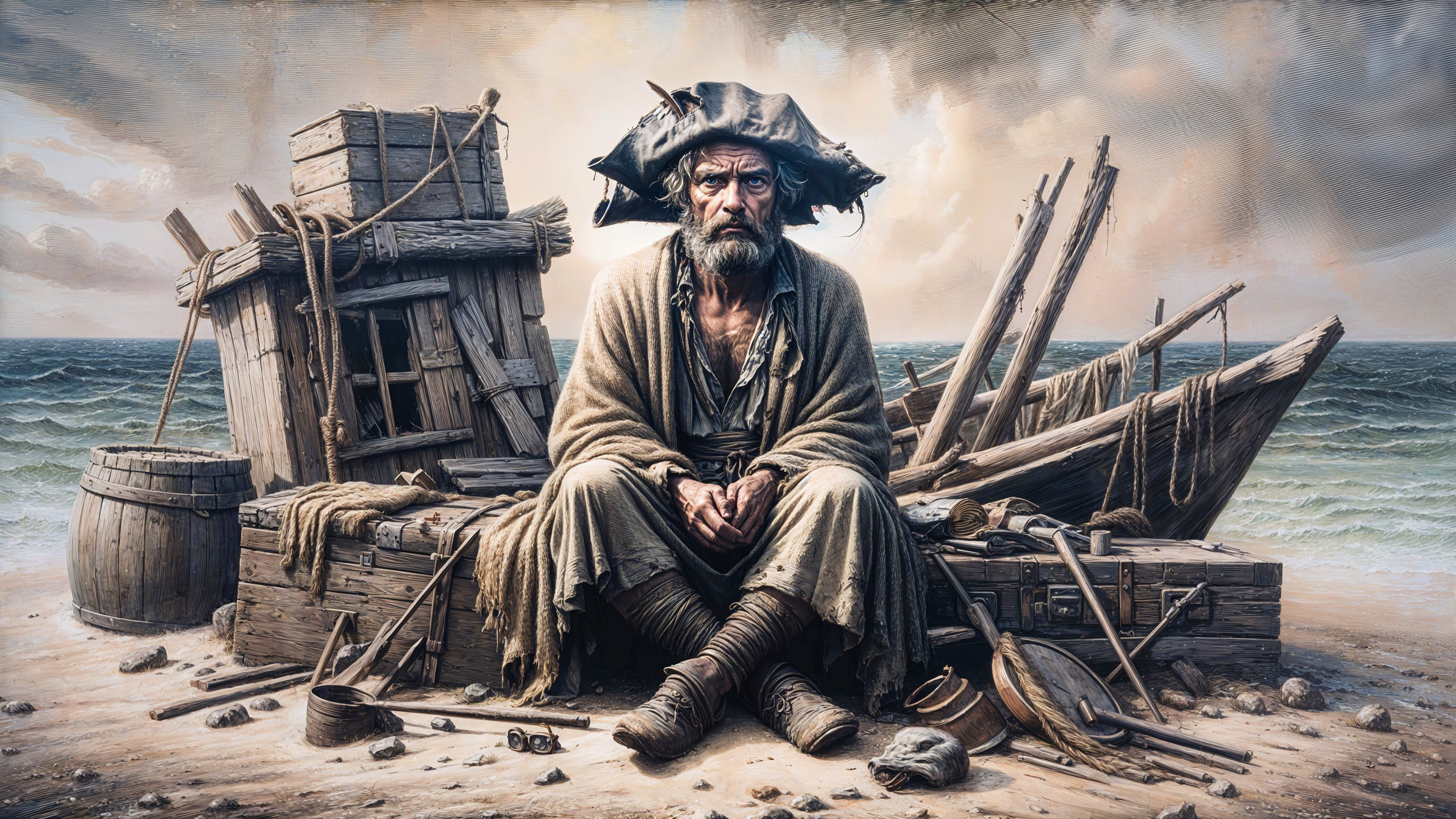 Weathered Pirate on Shore with Shipwreck Remnants