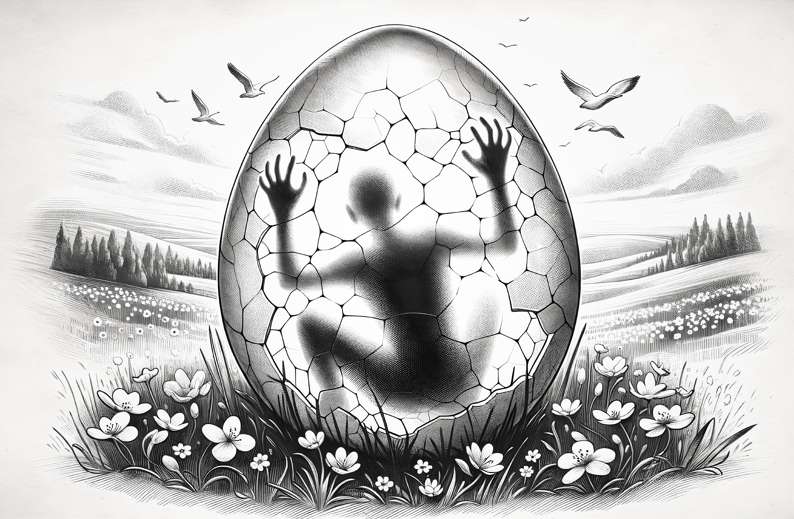 Cracked Egg in Grassy Field Symbolizing Transformation