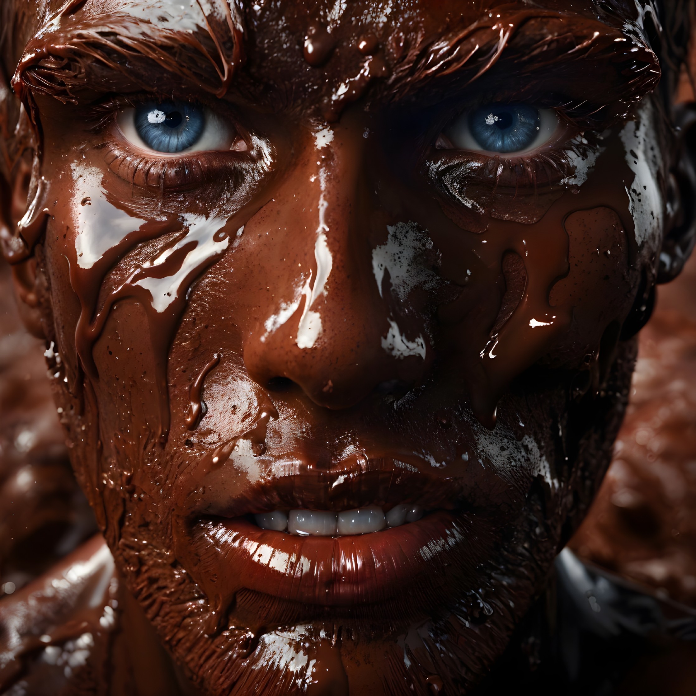 Close-Up of Face Covered in Glossy Chocolate