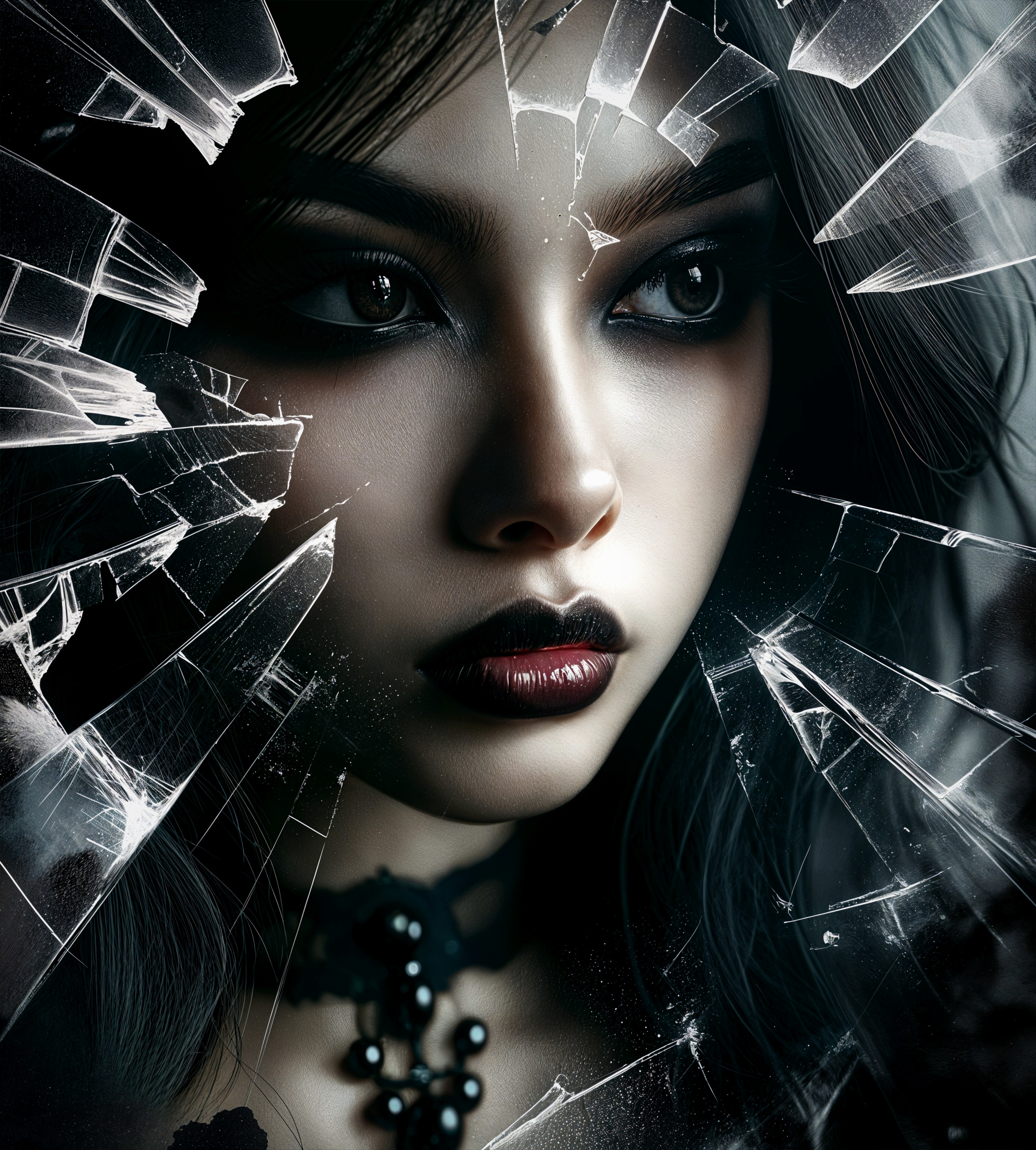 Portrait of a Young Woman with Shattered Glass Background