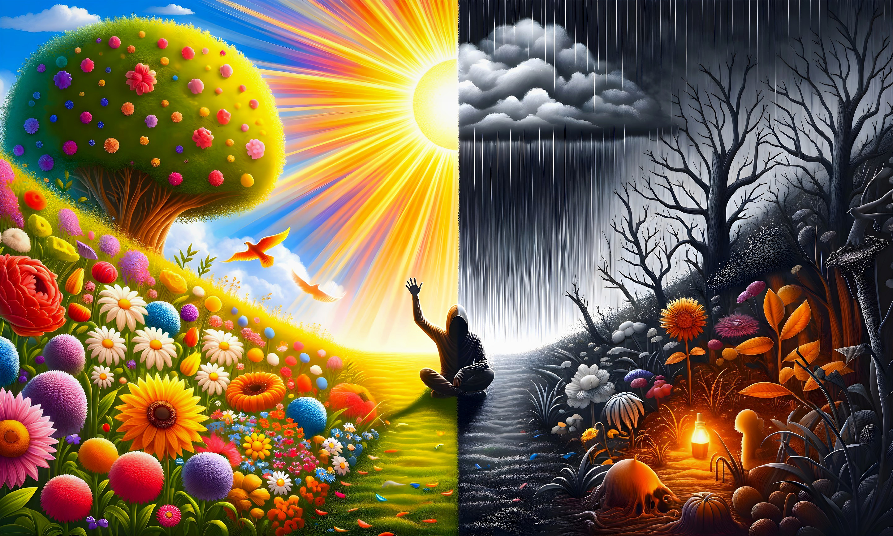 Dual Scene Artwork: Bright Sunshine vs. Dark Thunderstorm